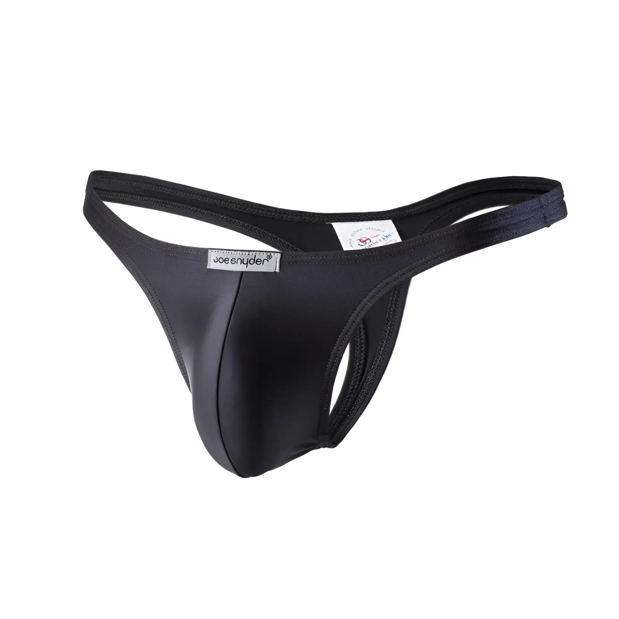 Black joe snyder polyester thong made of smooth stretchy fabric with a sleek form-fitting design