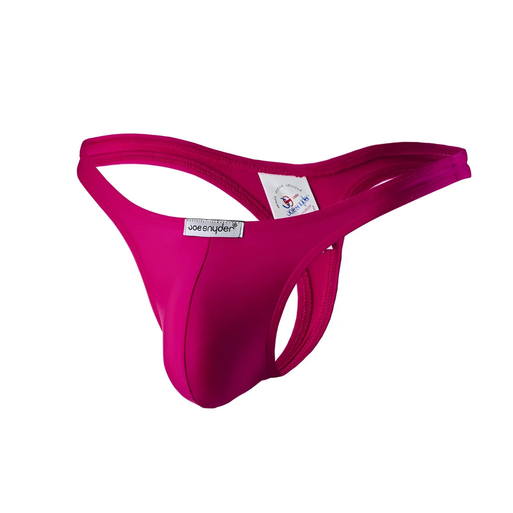 Bright fuchsia joe snyder polyester thong made of smooth stretchy fabric with a sleek form fitting design