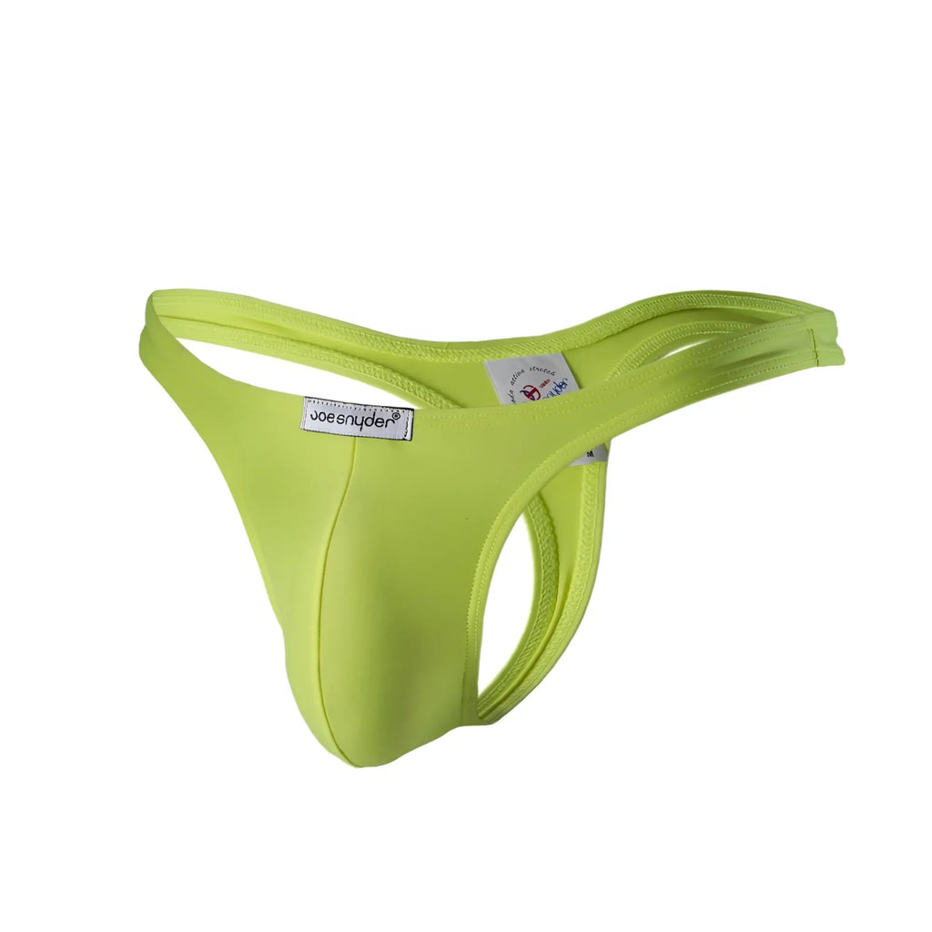 Bright lime green Joe Snyder polyester thong made of smooth stretchy fabric with a sleek form fitting design