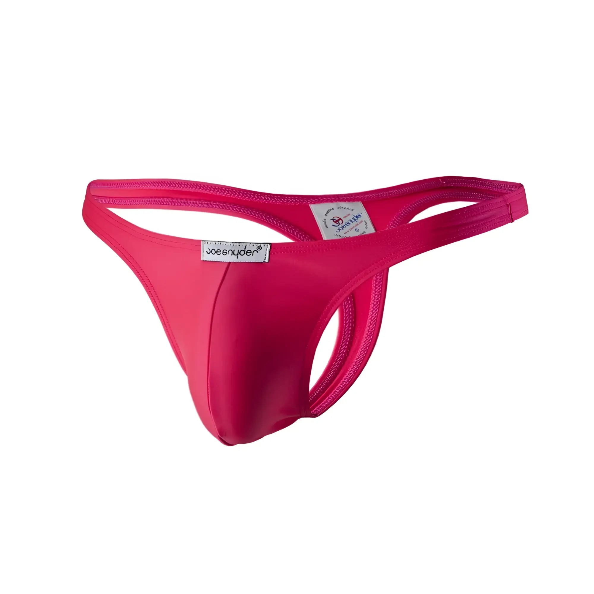 Bright pink Joe Snyder polyester thong made of smooth stretchy fabric with a sleek form fitting design