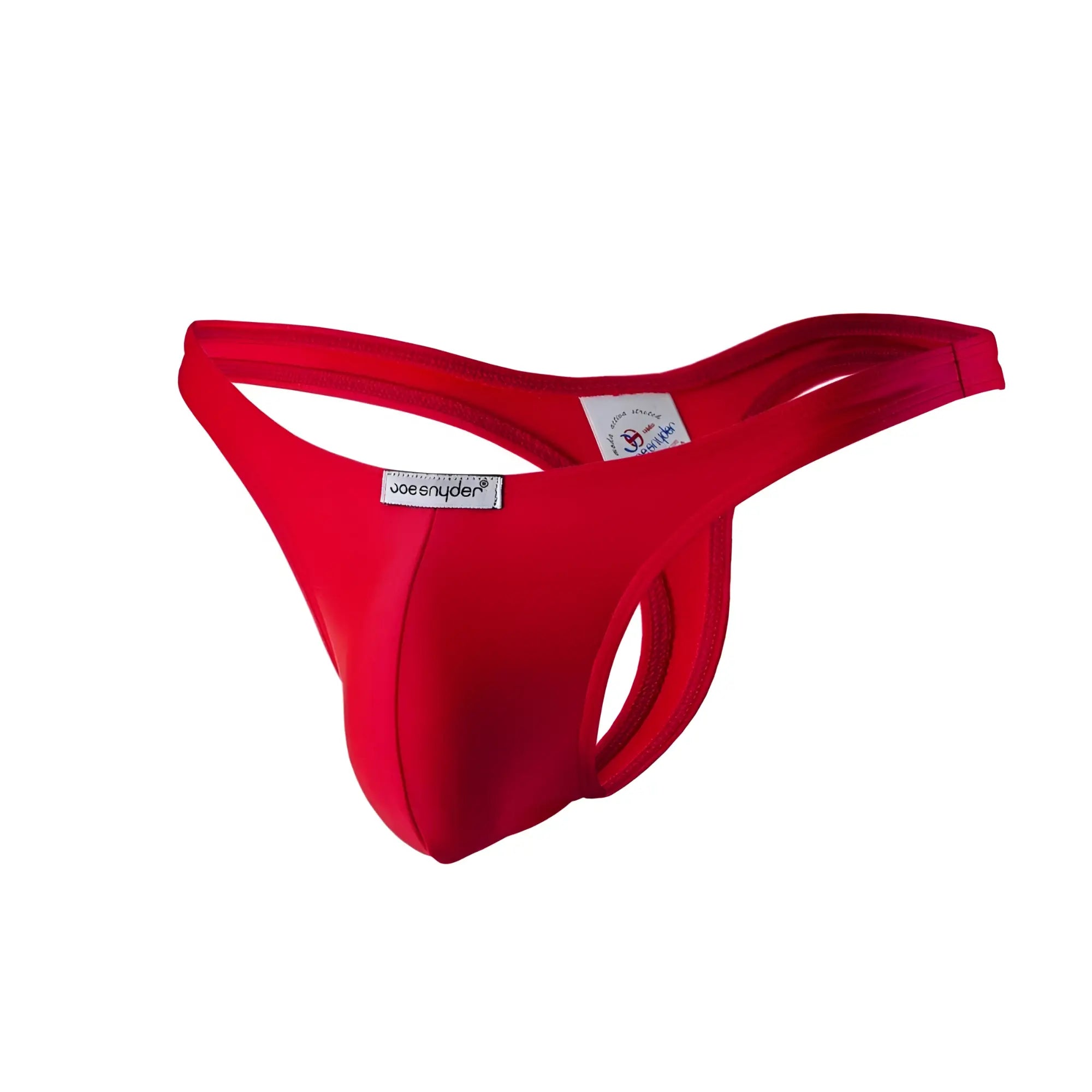 Bright red Joe Snyder polyester thong made of smooth elastic fabric with a branded label visible on the back side