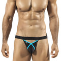 Joe snyder pride frame jock strap peekaboo in black and turquoise with x-shaped front design for underwear and swimwear