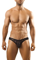 Black lace thong with intricate floral patterns from joe snyder print bikini classic collection shown from the back