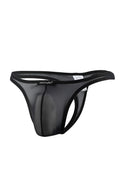 Black mesh thong with solid black waistband featuring the brand name joesnyder in front view
