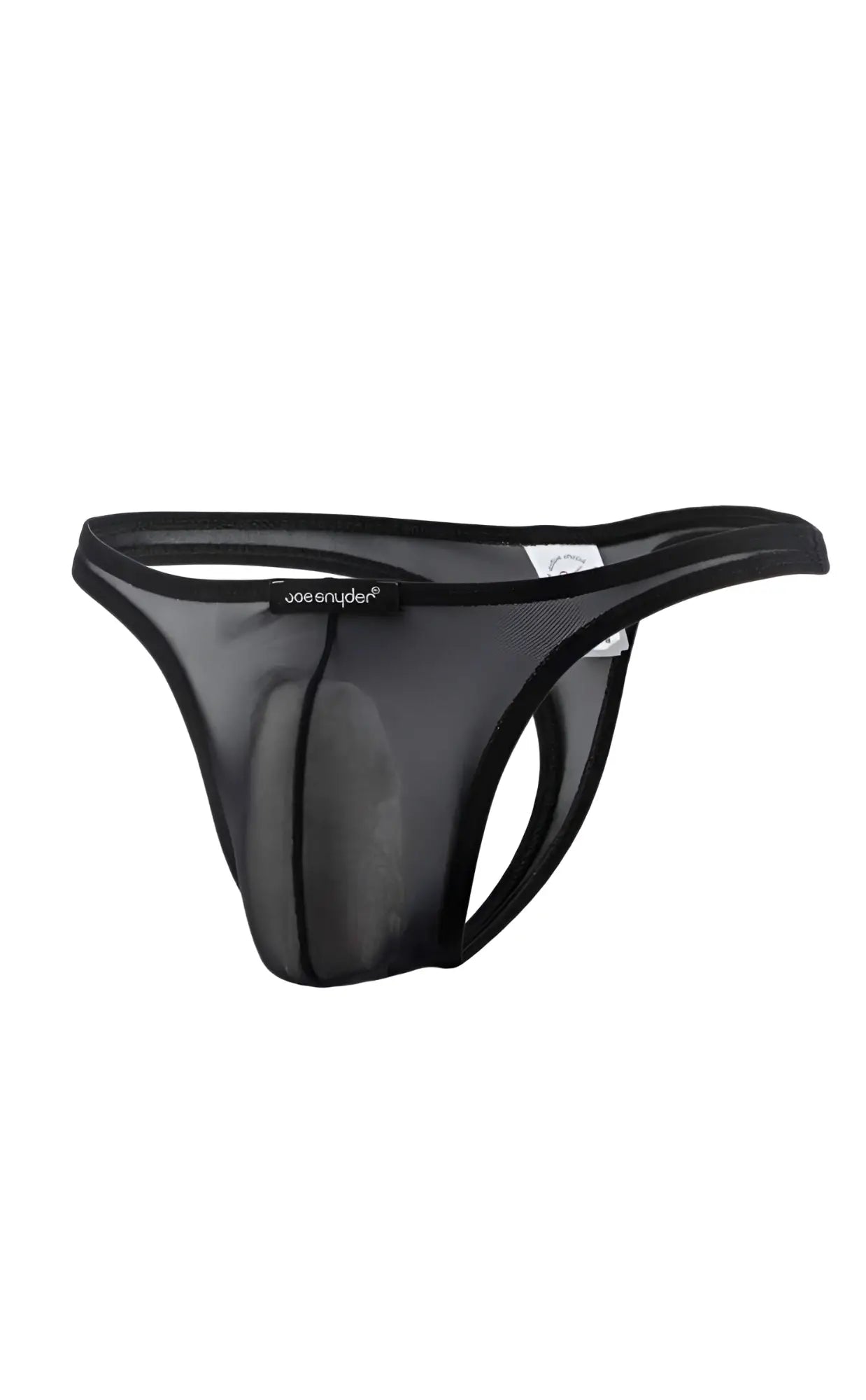 Black mesh thong with solid black waistband and joesnyder brand name printed on the front side
