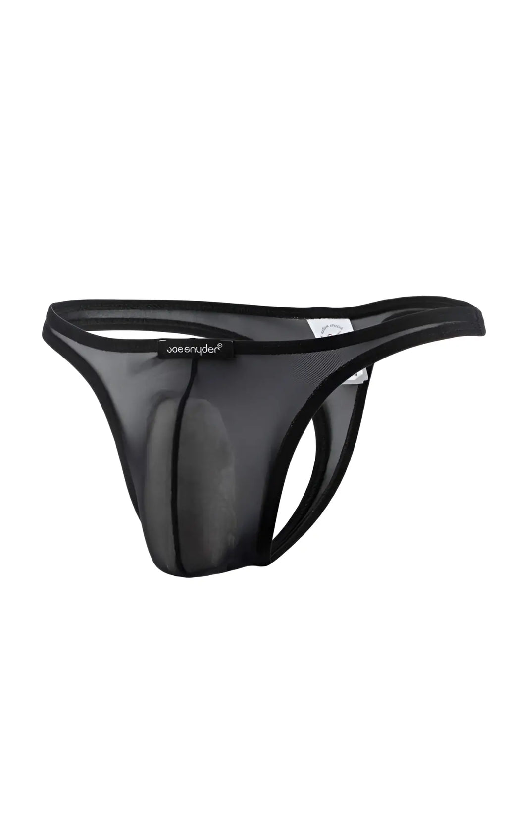 Black mesh thong with solid black waistband and joesnyder branding on the front from Joe Snyder Thong collection