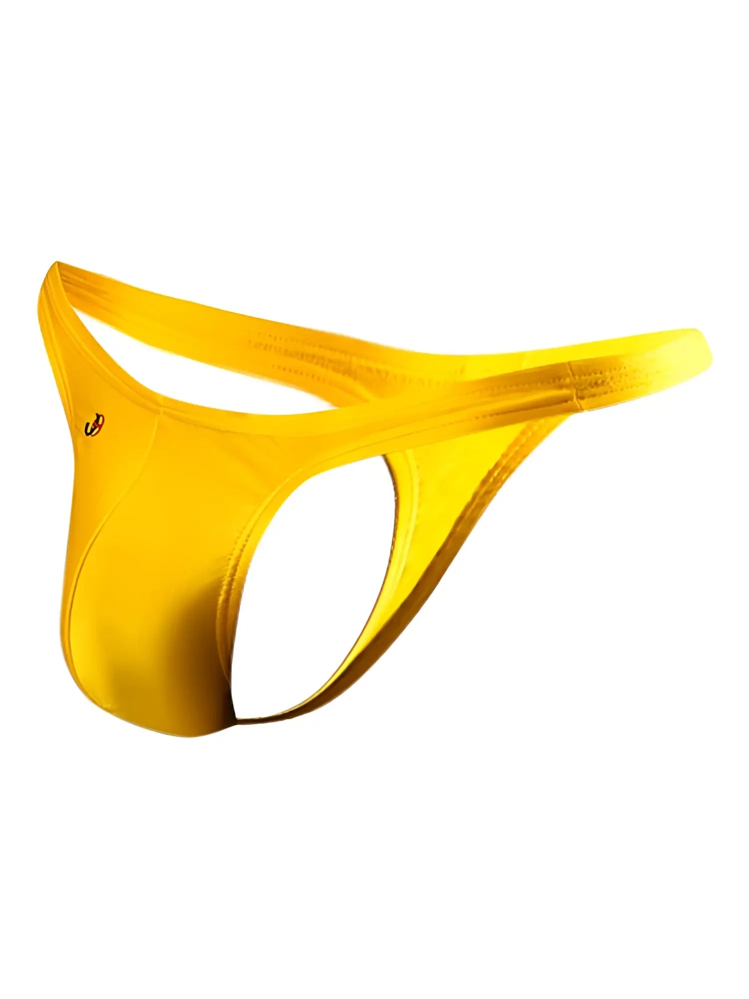 Joe Snyder thong in bright yellow shiny satin with sleek minimalist design and small logo on the side