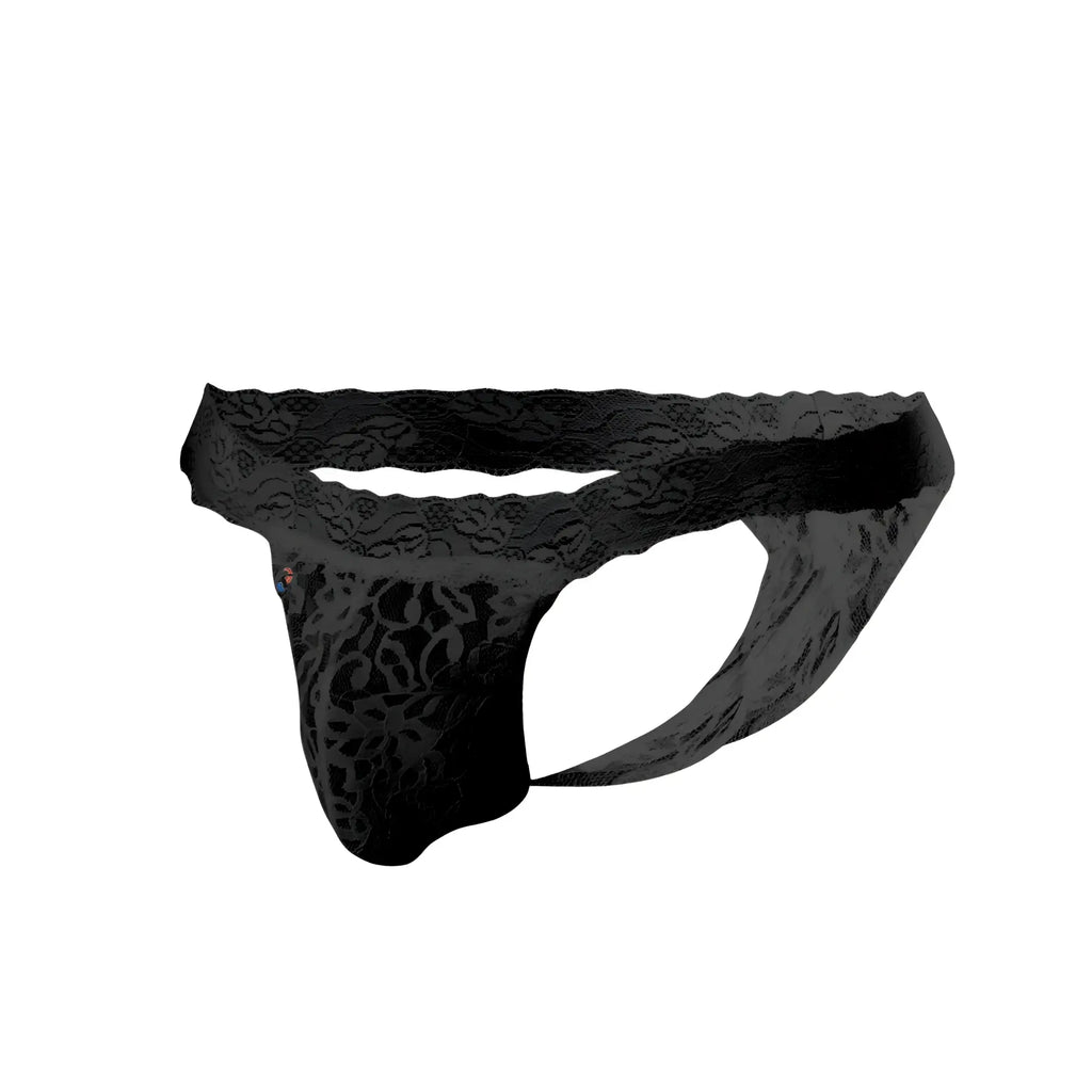 Black lace thong Joe Snyder JSL03 with intricate floral patterns and scalloped waistband in front view