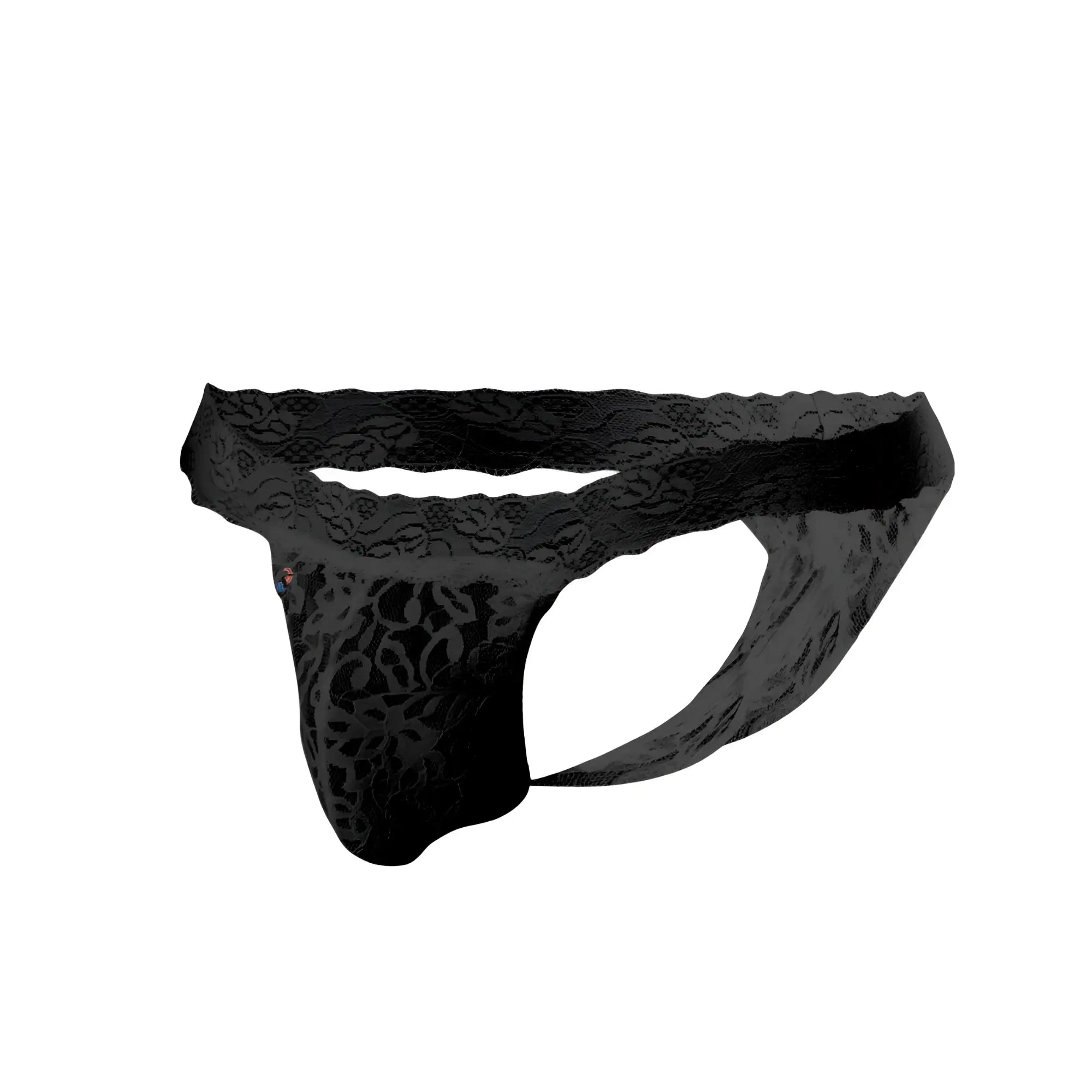 Black lace thong joe snyder jsl03 with intricate floral patterns and scalloped waistband front view