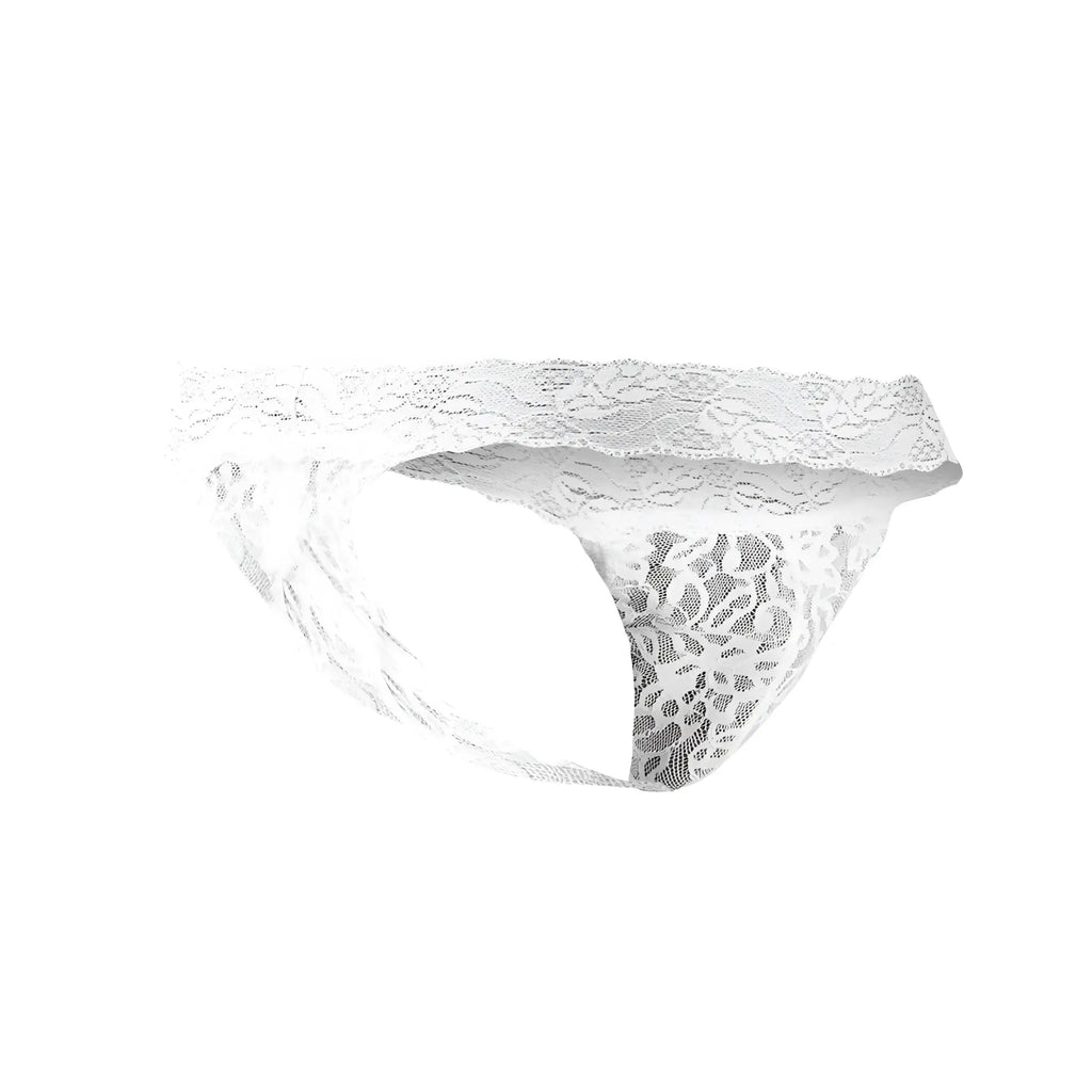 White lace thong with delicate floral patterns and sheer fabric from joe snyder thong lace jsl03 collection