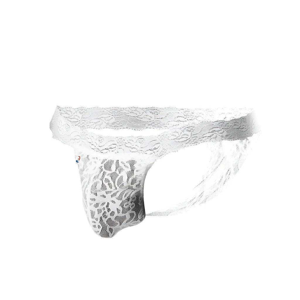 White lace thong Joe Snyder JSL03 with intricate floral patterns and sheer mesh texture shown from the back side