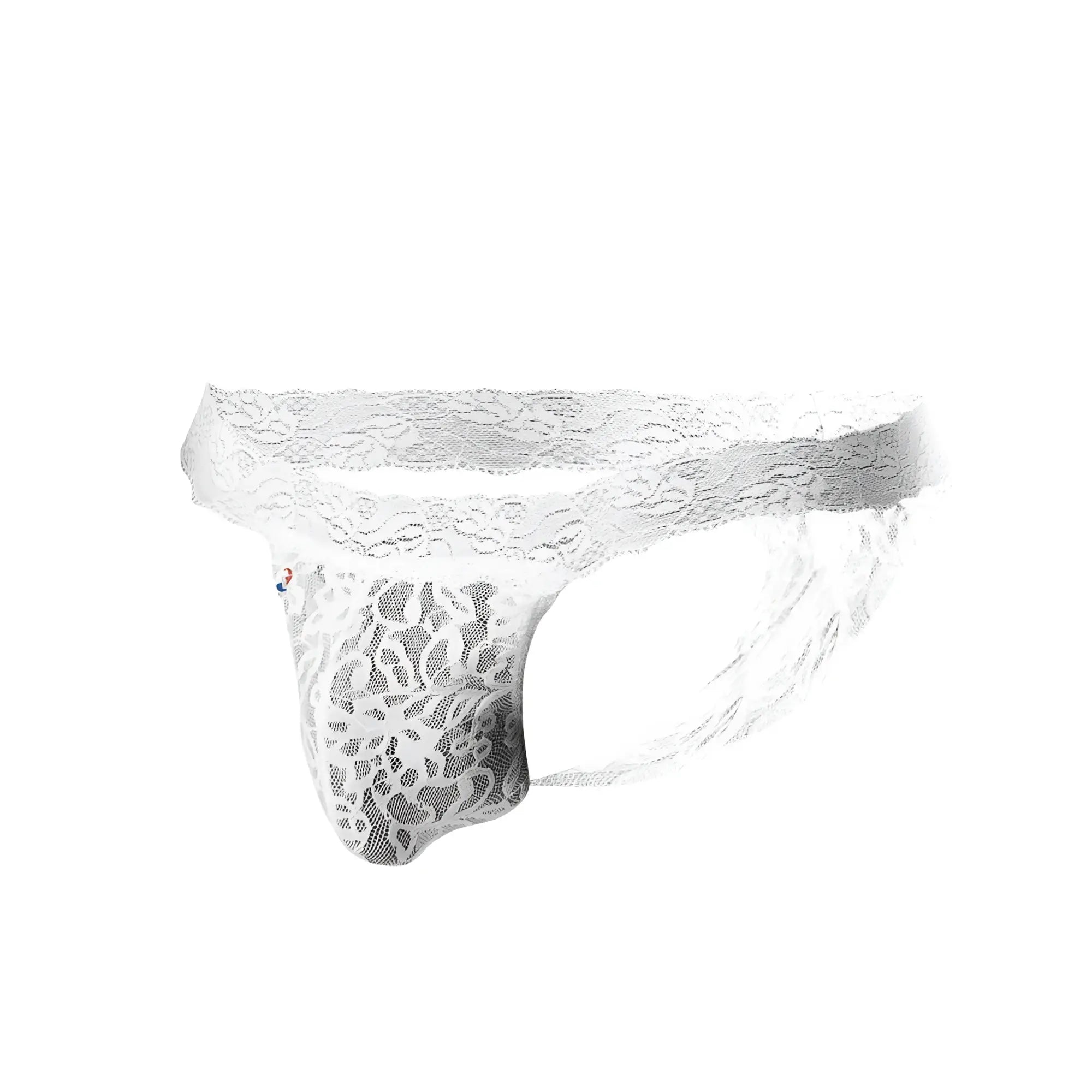 White lace thong Joe Snyder JSL03 with intricate floral patterns and sheer mesh texture visible from the front