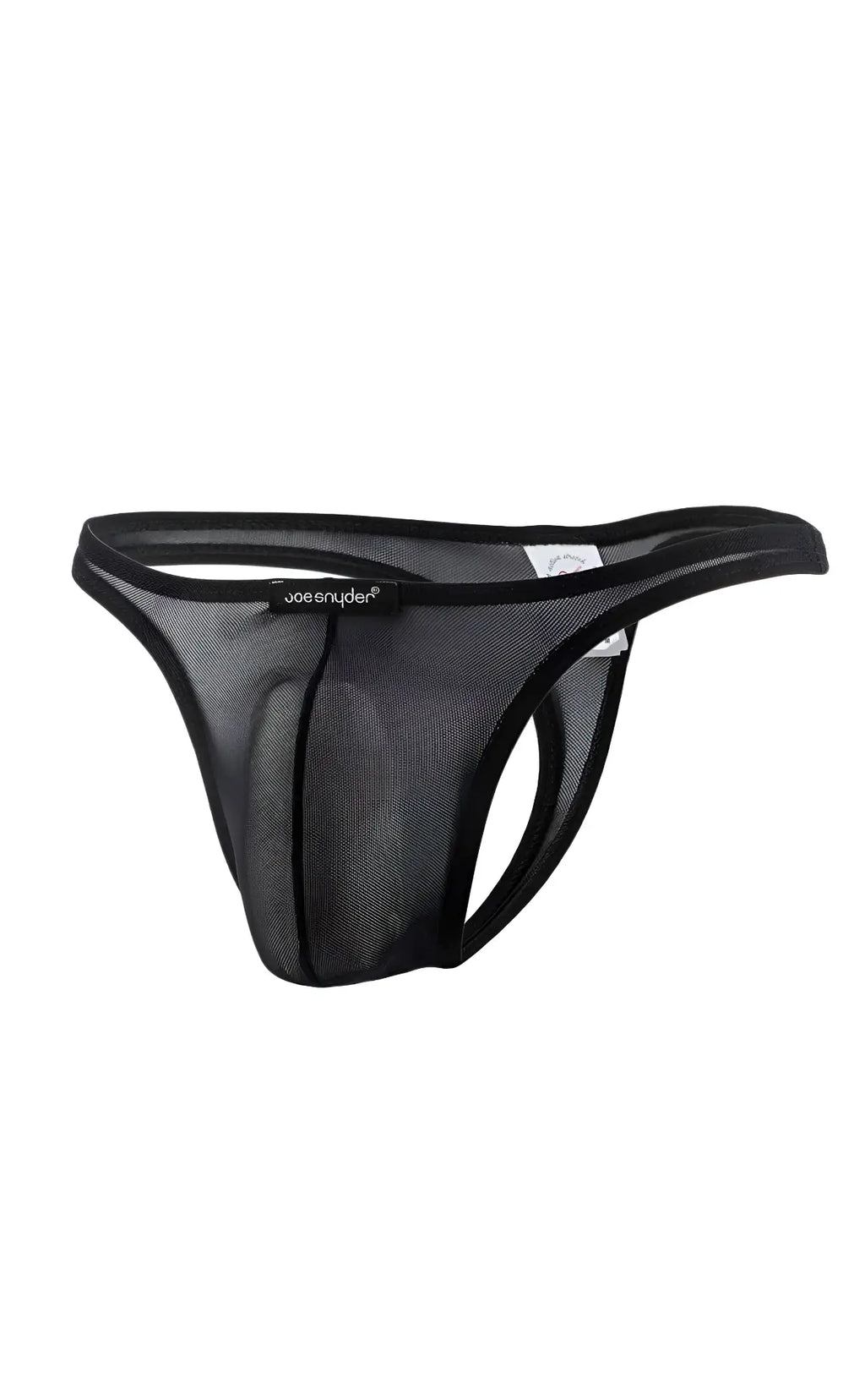 Black mesh thong by joe snyder with solid black elastic waistband and trim showing front side