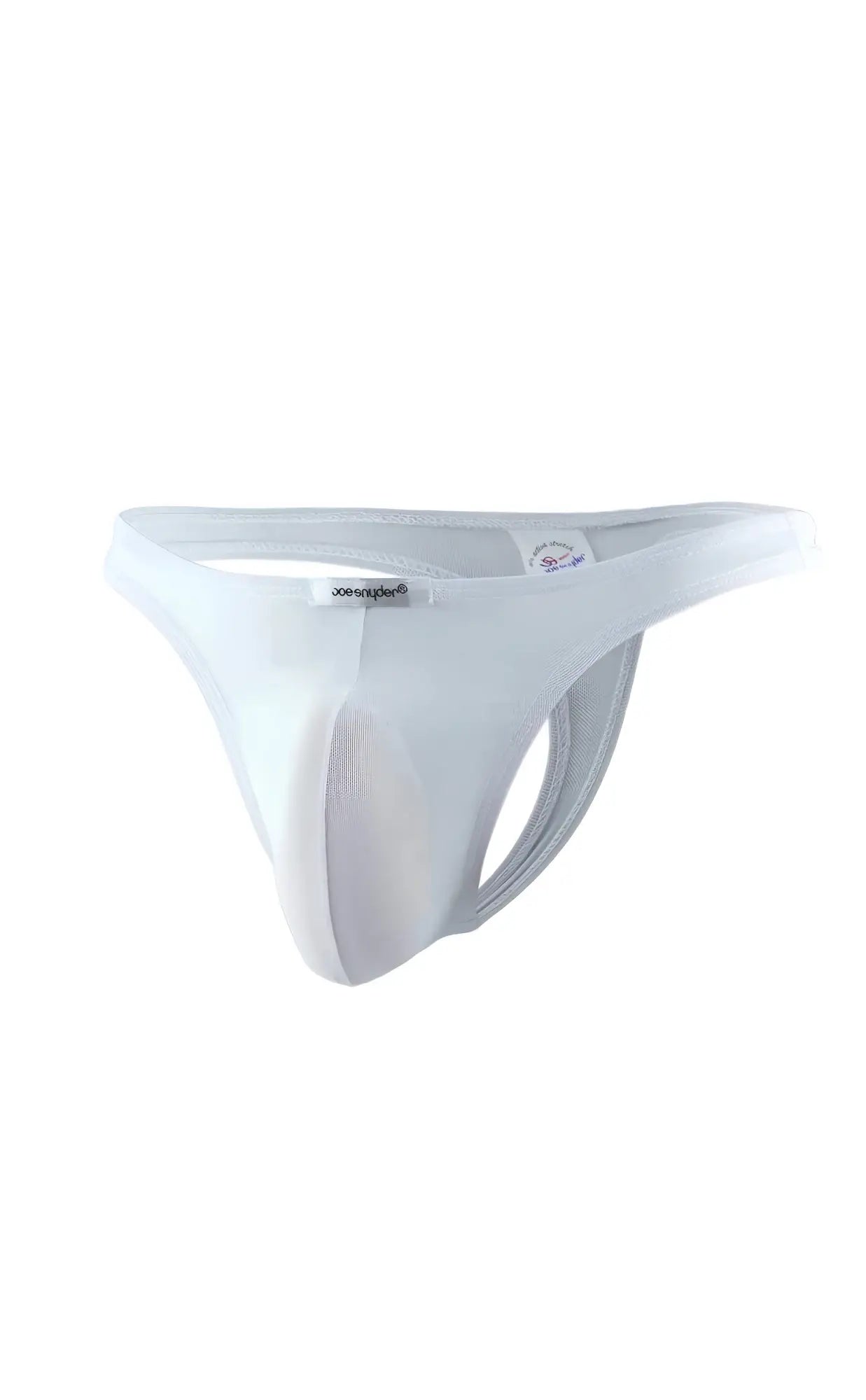 White joe snyder thong mesh with smooth texture supportive design and subtle branding on the waistband