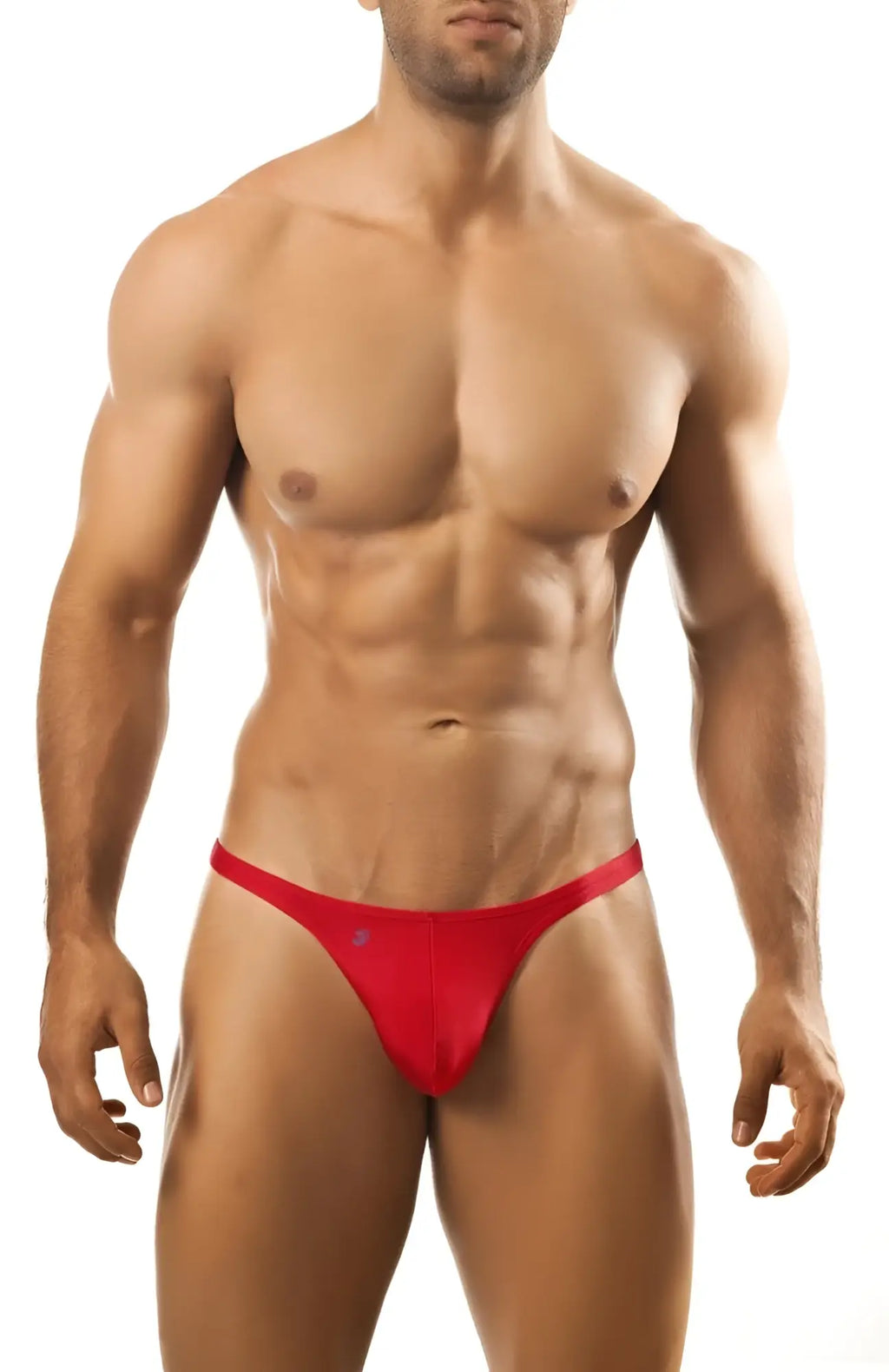Red Joe Snyder thong featuring a small blue logo on the front in a sleek thong design