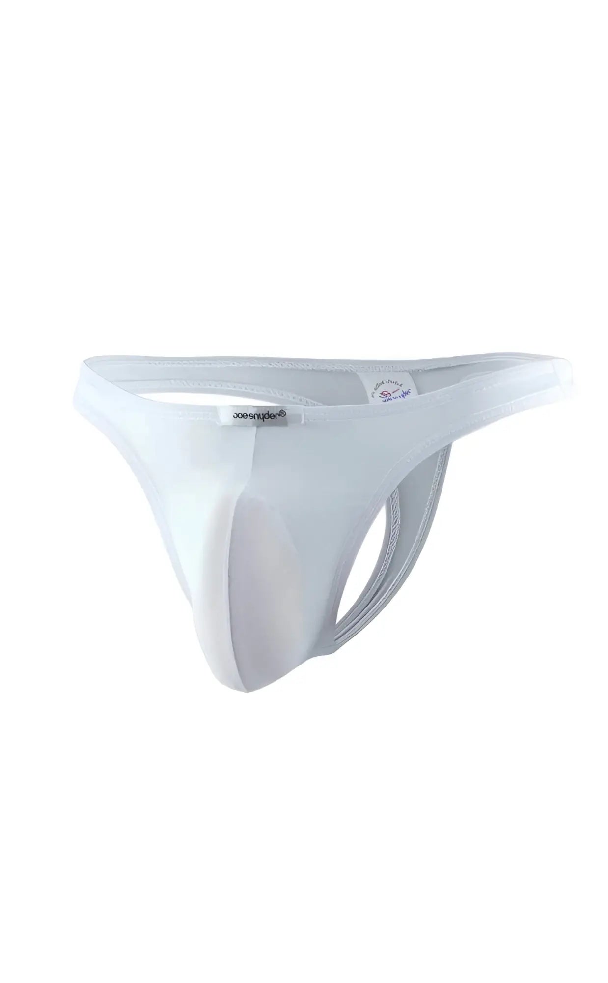 White seamless thong-style men’s underwear by Joe Snyder with supportive design and visible brand tag on waistband