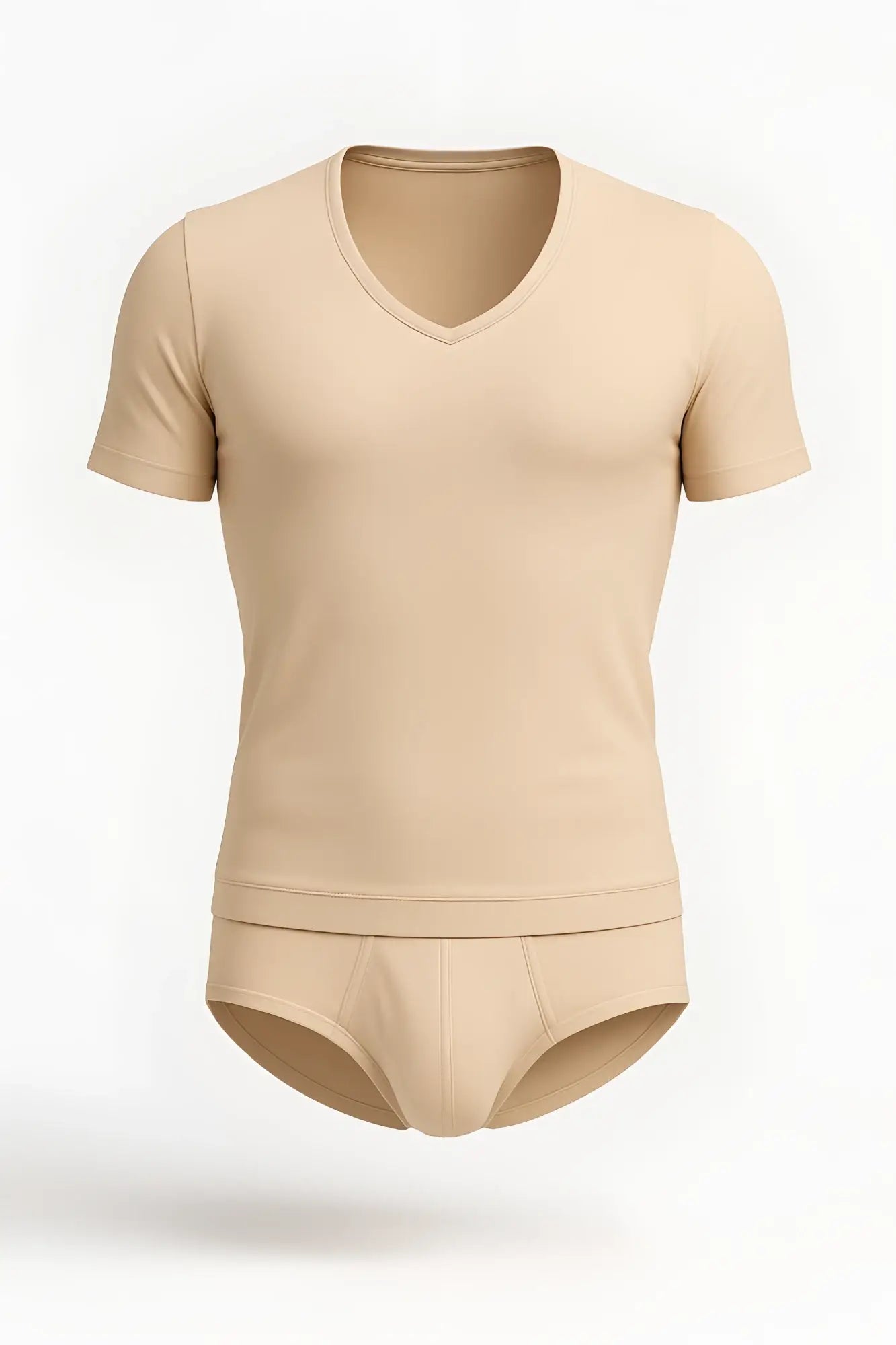 Beige v neck short sleeve undershirt and matching briefs set by joe snyder in soft breathable fabric