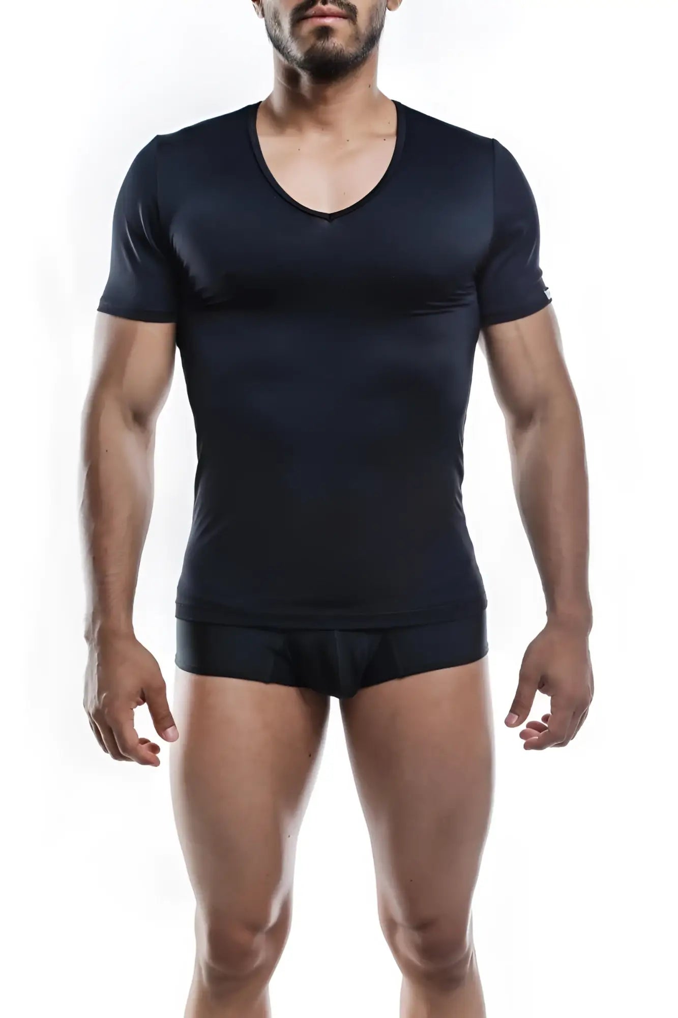 Black joe snyder v neck short-sleeved athletic shirt made of stretchy fabric for active wear