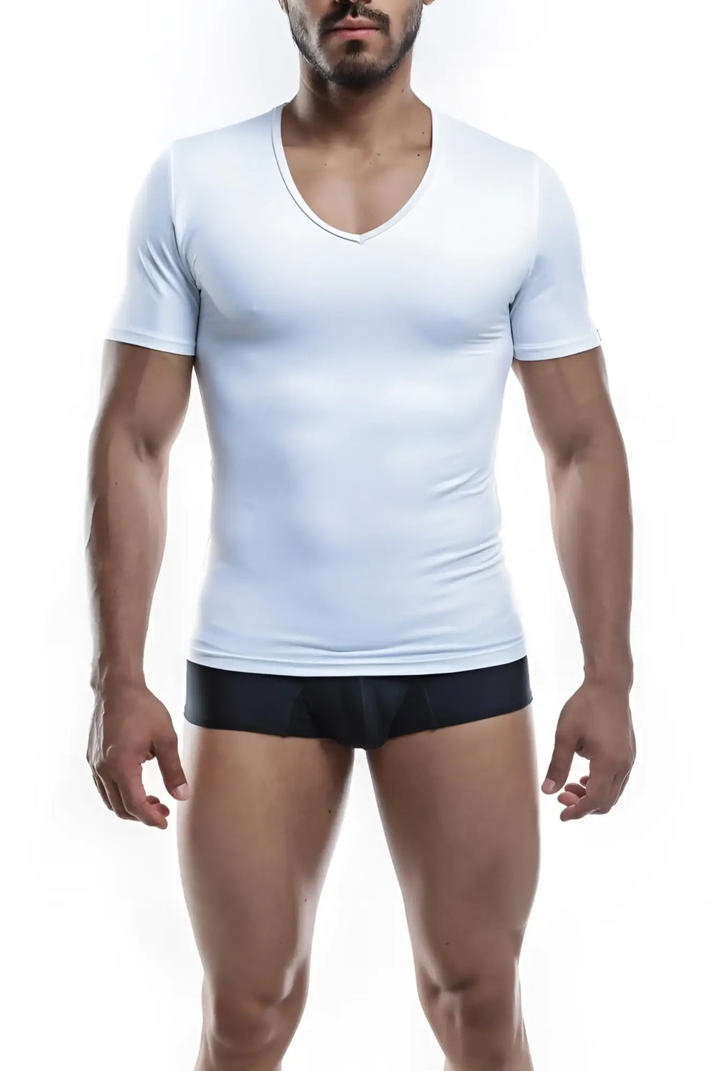 White v-neck short-sleeved athletic shirt by joe snyder made of breathable fabric for active use
