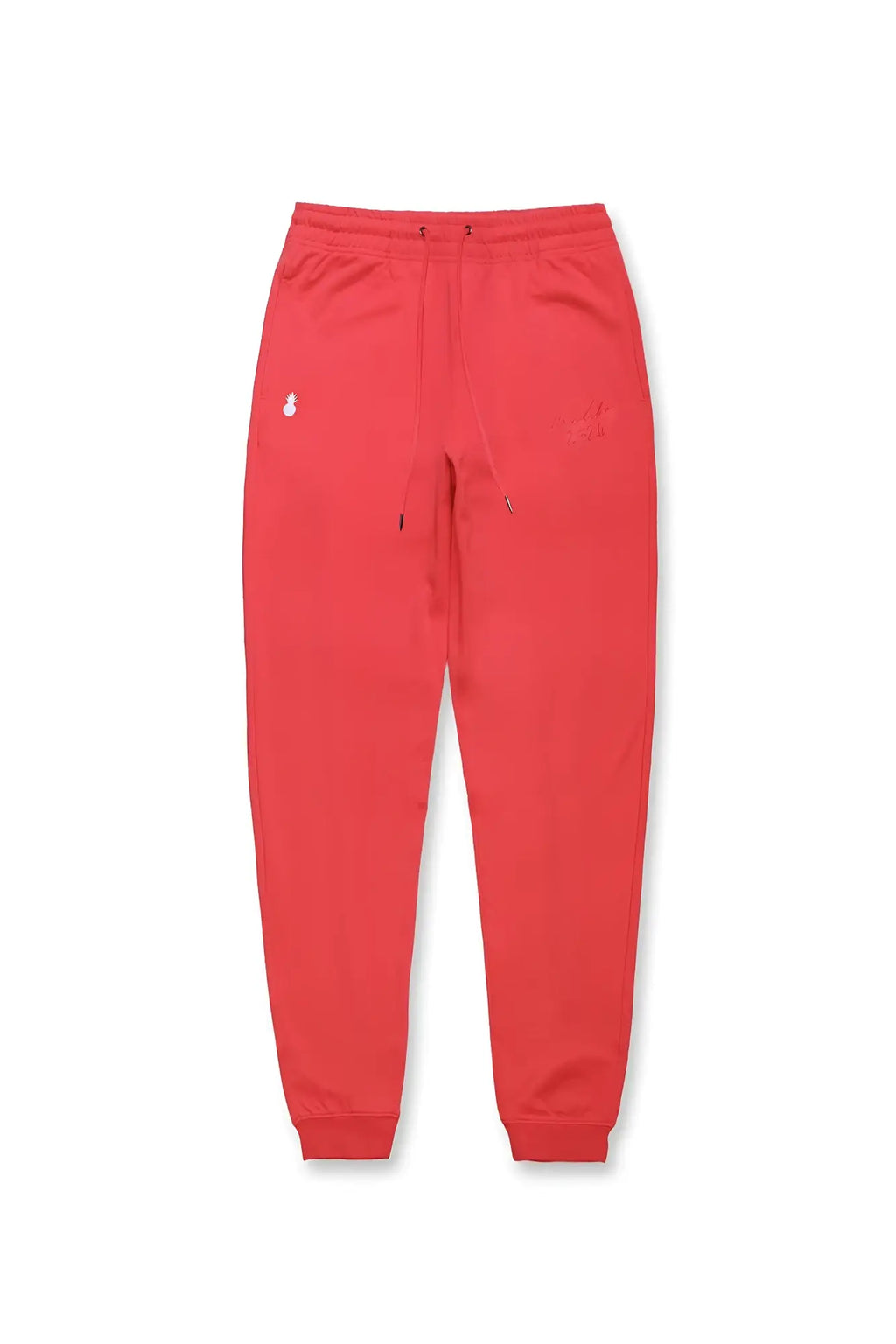 Joie Limited Edition joggers in cherry red with soft stretchy fabric and subtle embroidered logos on the thigh