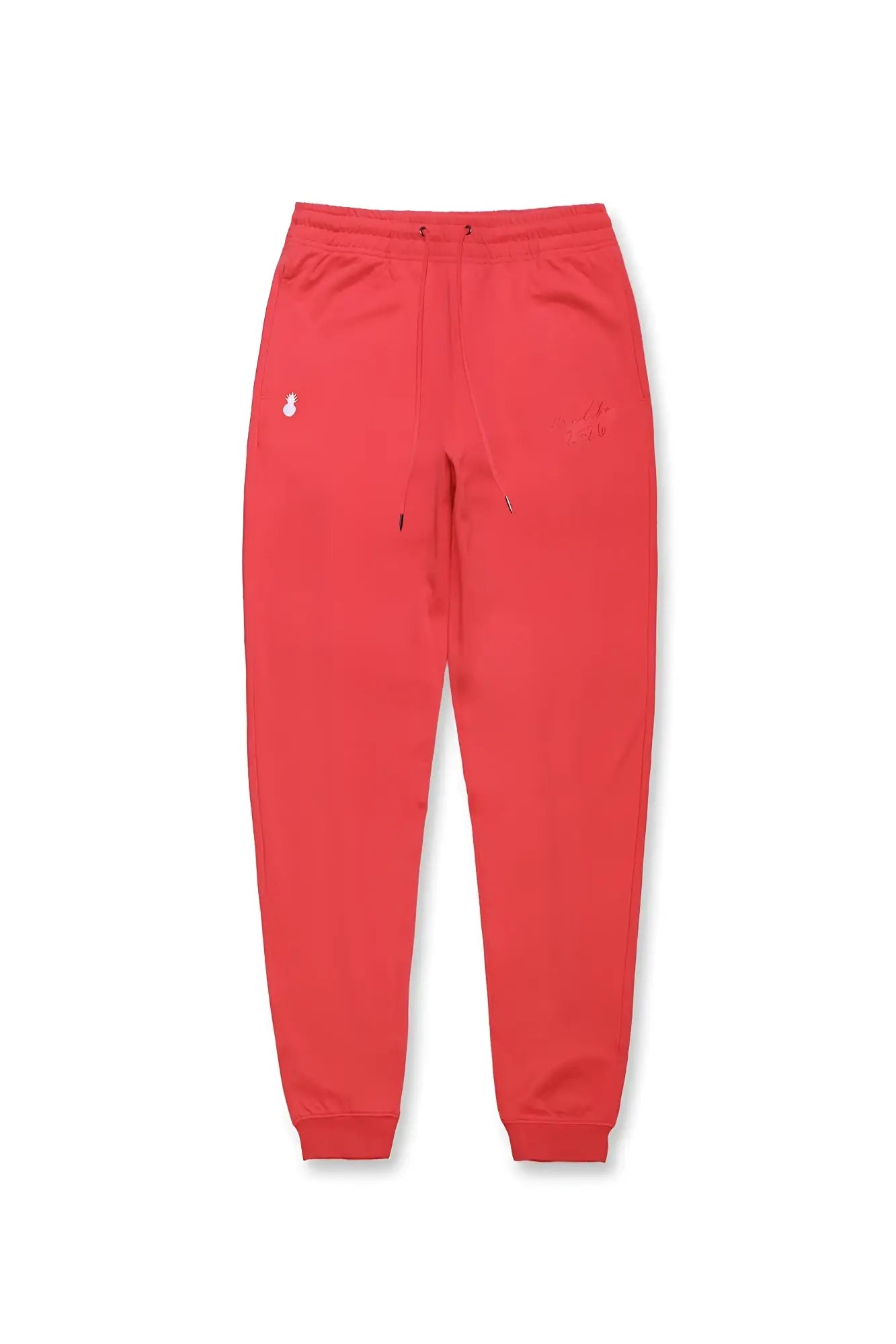 Joie Limited Edition joggers in cherry red with soft stretchy fabric and subtle embroidered logos on the thigh