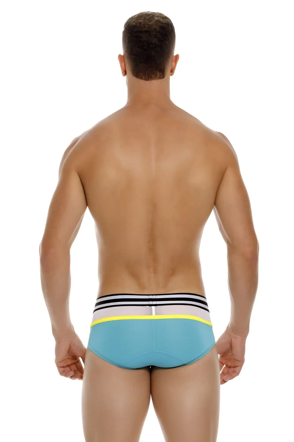 Jor 1941 athletic briefs green with light blue swim trunks and striped waistband in black white and neon yellow accents