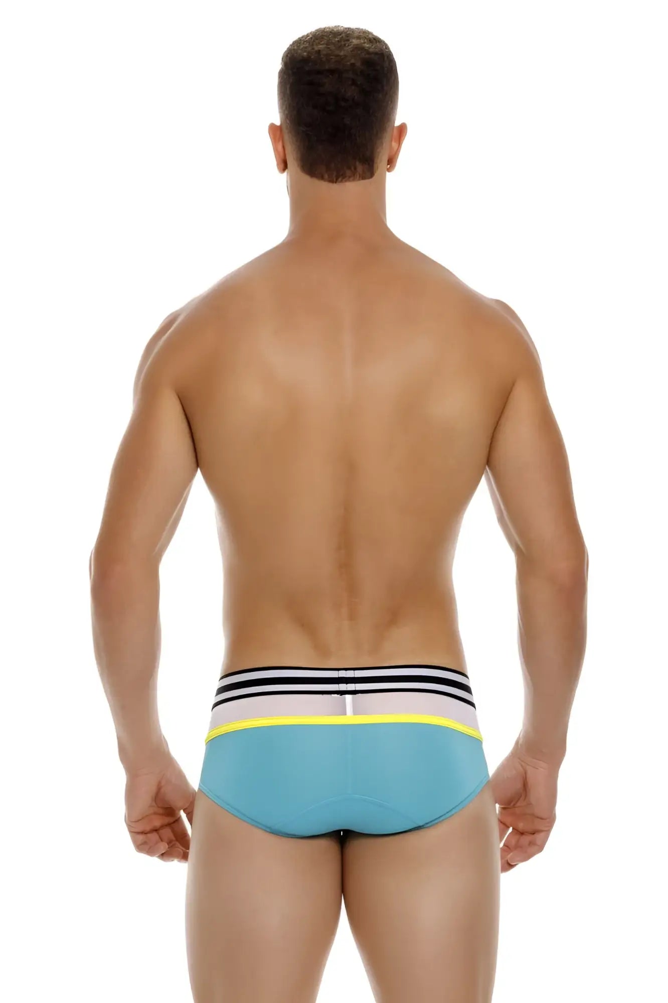 Jor 1941 athletic briefs green with light blue swim trunks and striped waistband in black white and neon yellow accents