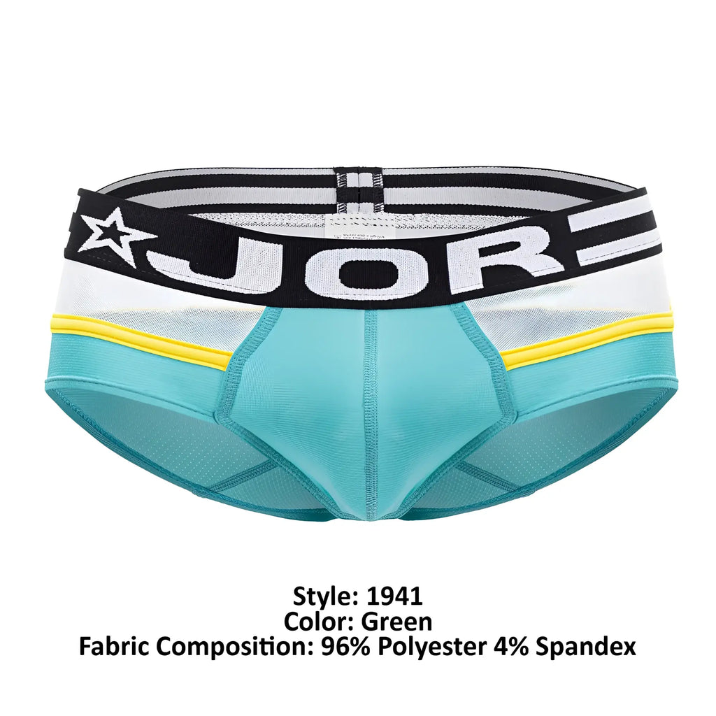 Teal-green jor 1941 athletic briefs with black and white striped waistband featuring the jor logo