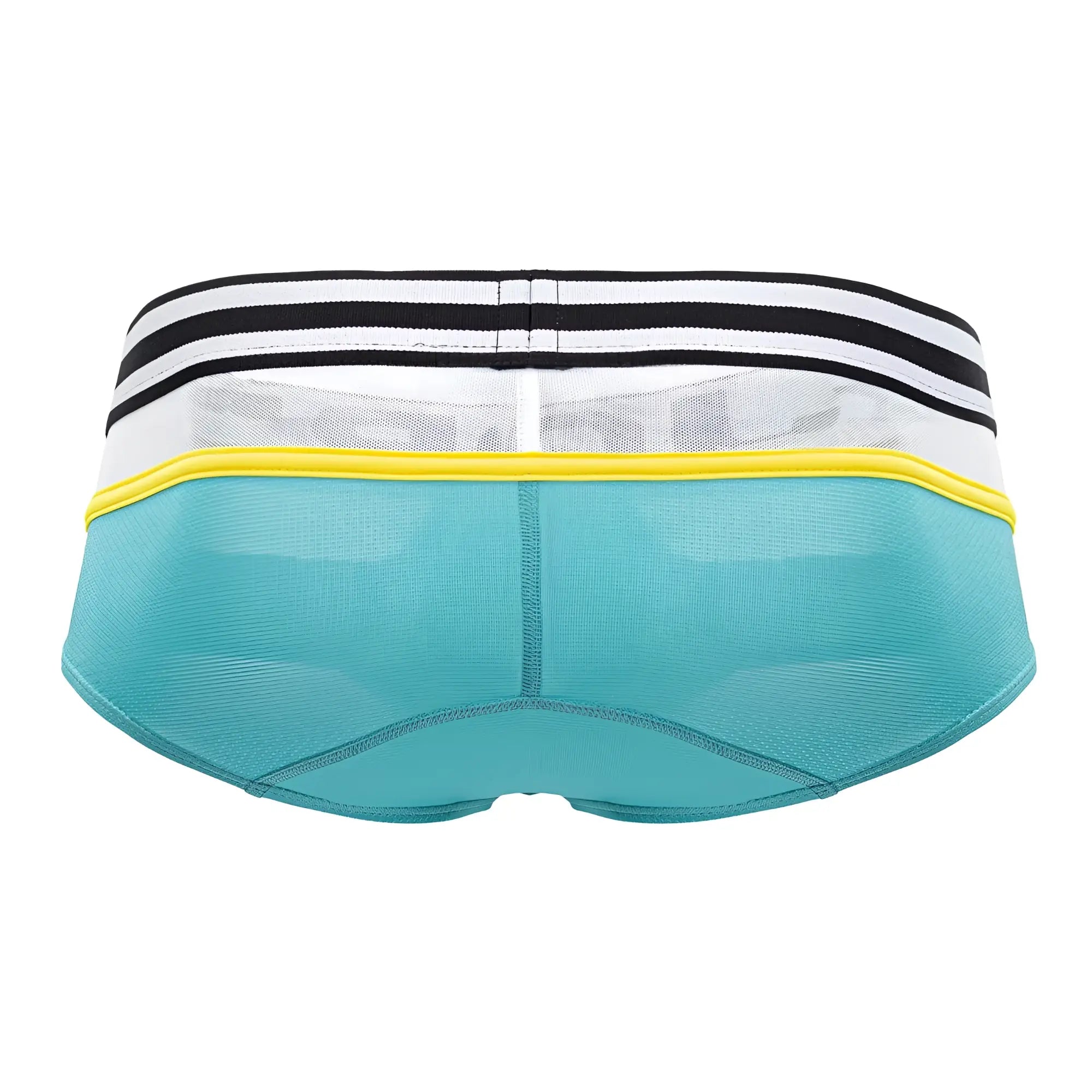 Teal mesh JOR 1941 athletic briefs with white waistband black stripes and yellow trim for activewear use