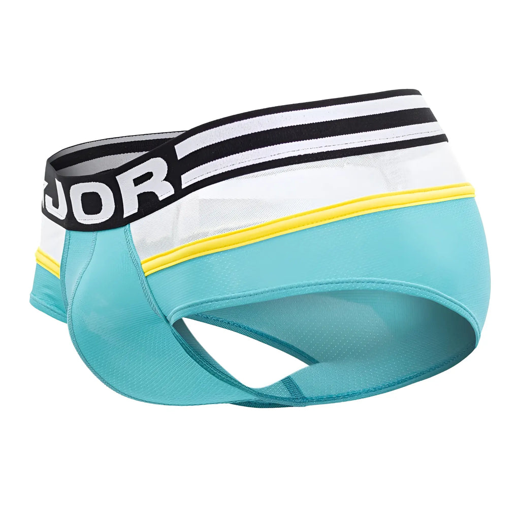 Teal and white jor 1941 athletic briefs with black stripes yellow trim and branded waistband for active wear
