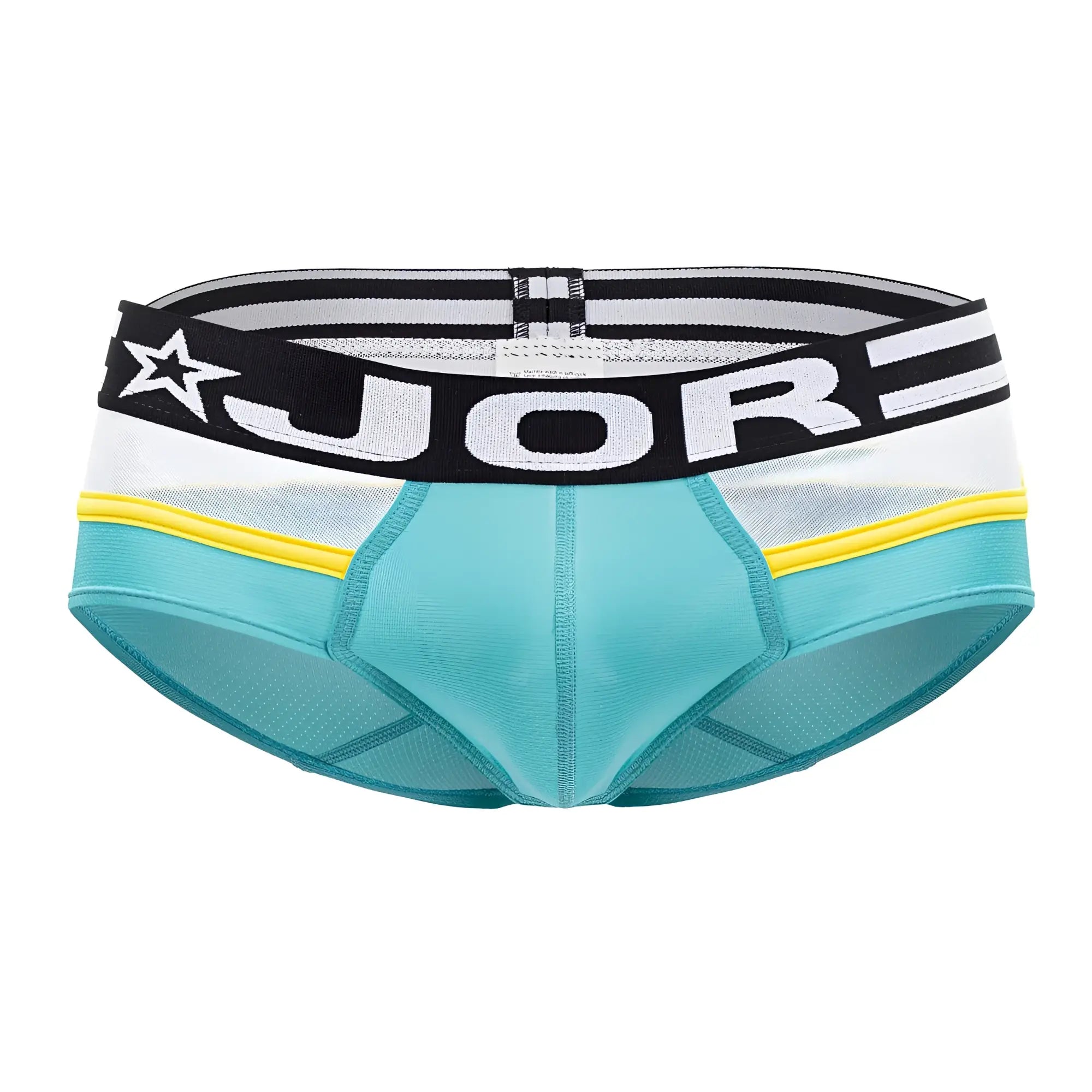 Teal and white jor 1941 athletic briefs with black yellow gray striped waistband and star logo for active use
