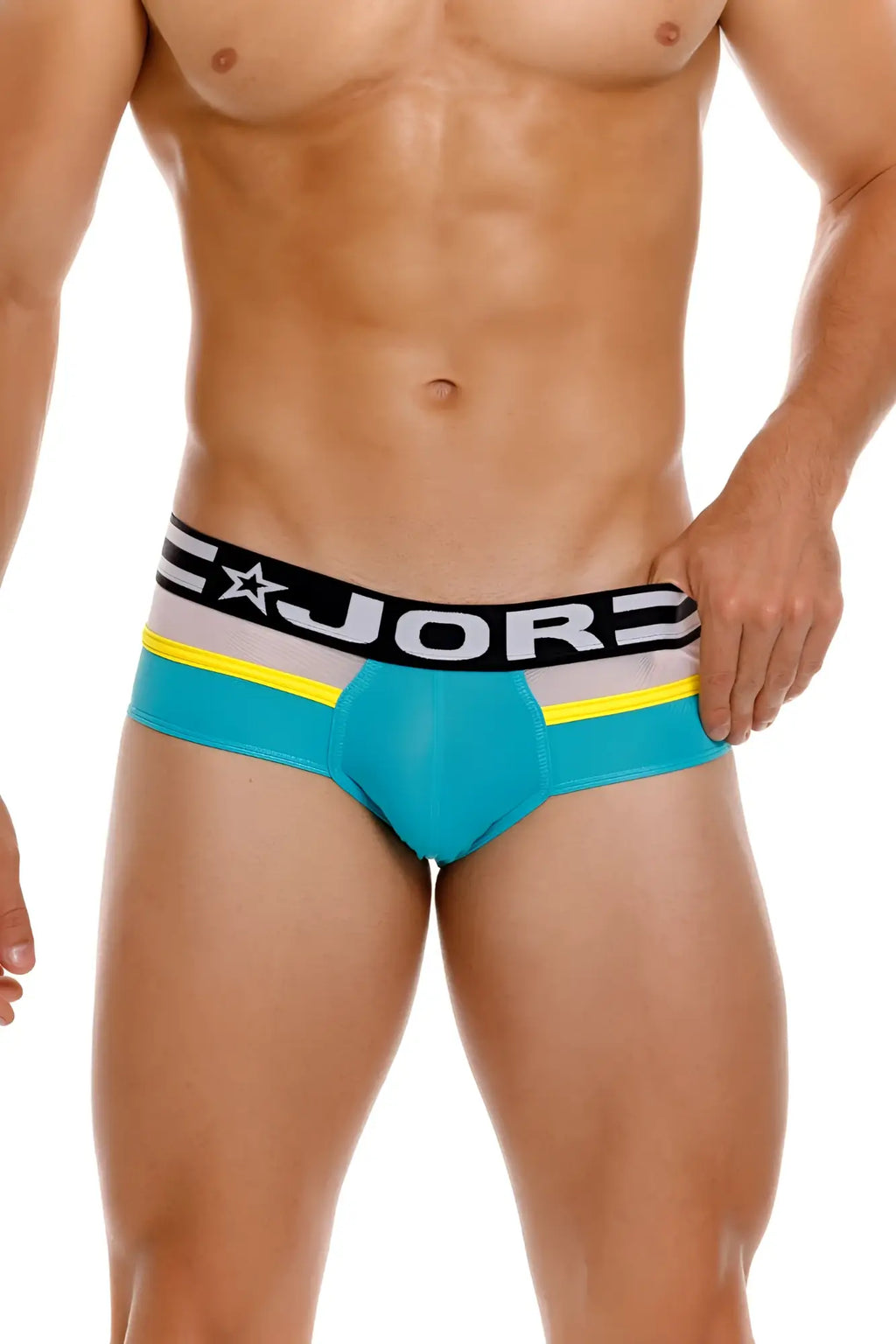 Turquoise and yellow striped men’s athletic briefs with black jore waistband in green color for active wear