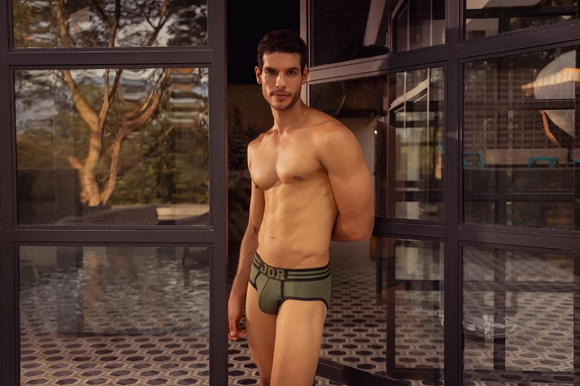 Olive green jor 1944 college briefs with black elastic waistband and white dor logo for comfortable daily wear