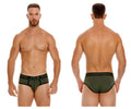 Olive green jor 1944 college briefs with black trim and j08 logo on waistband made of soft fabric