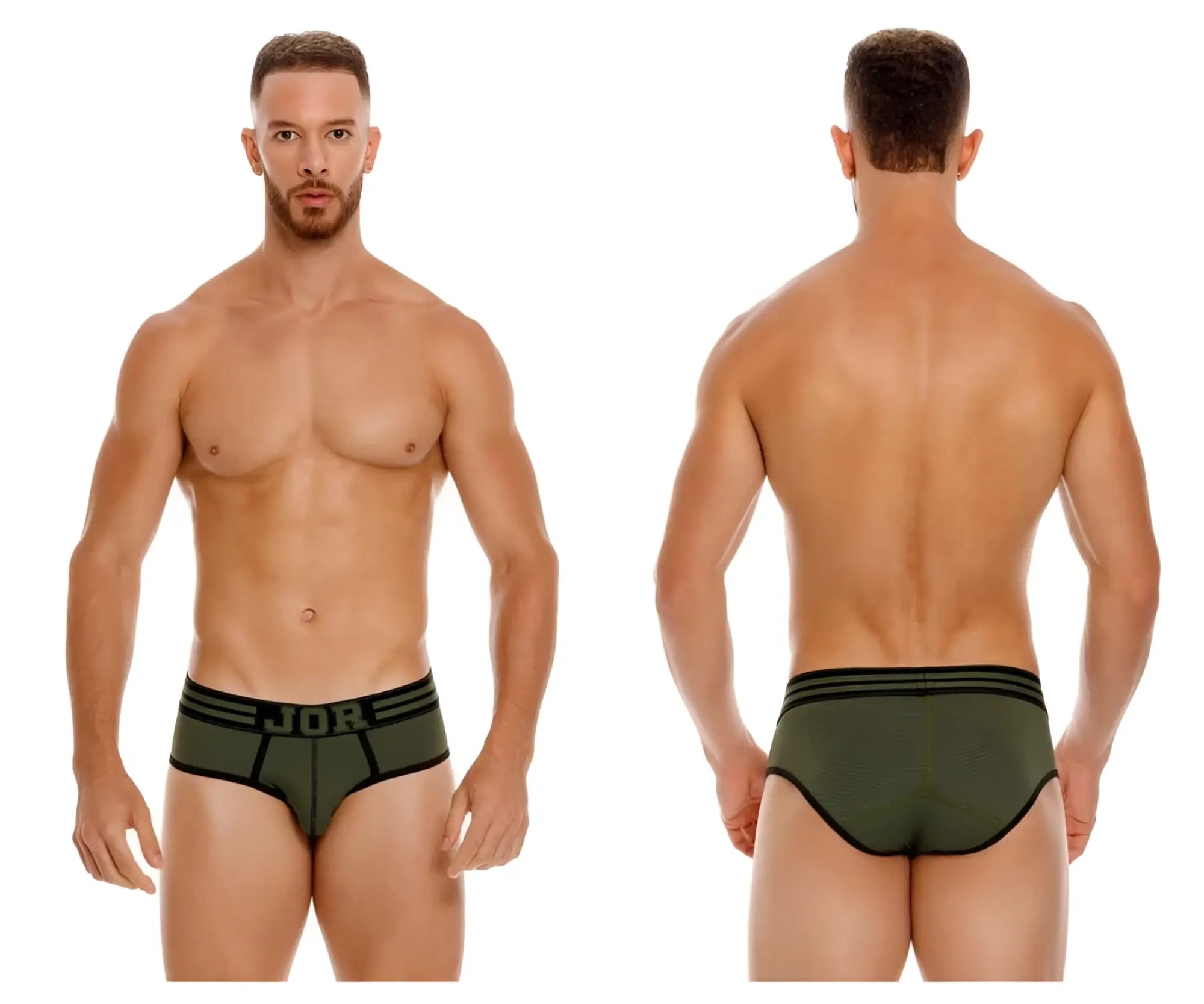 Olive green jor 1944 college briefs with black trim and j08 logo on waistband made of soft fabric