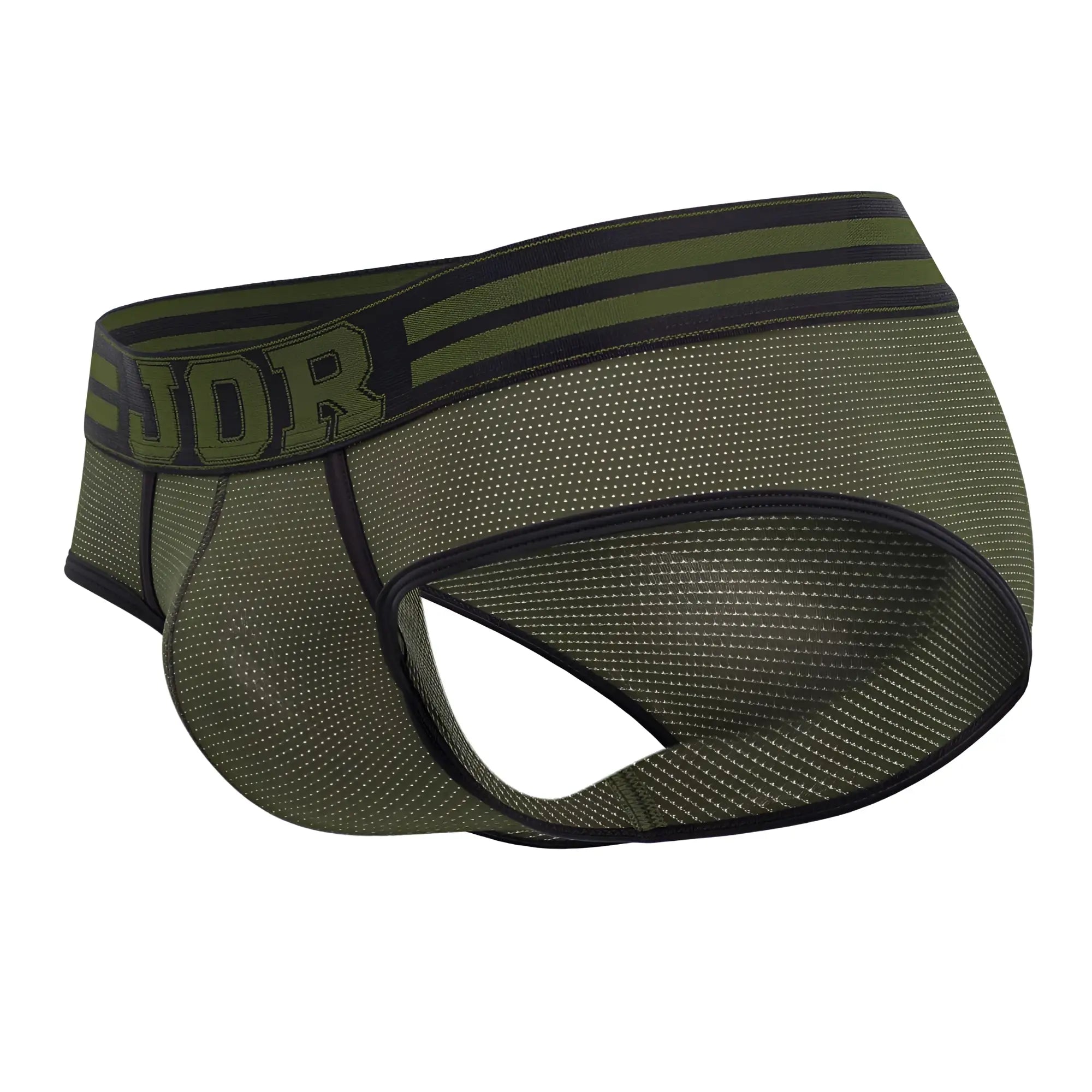 Olive green jor 1944 college briefs with black trim mesh fabric and bold udr logo waistband front side view