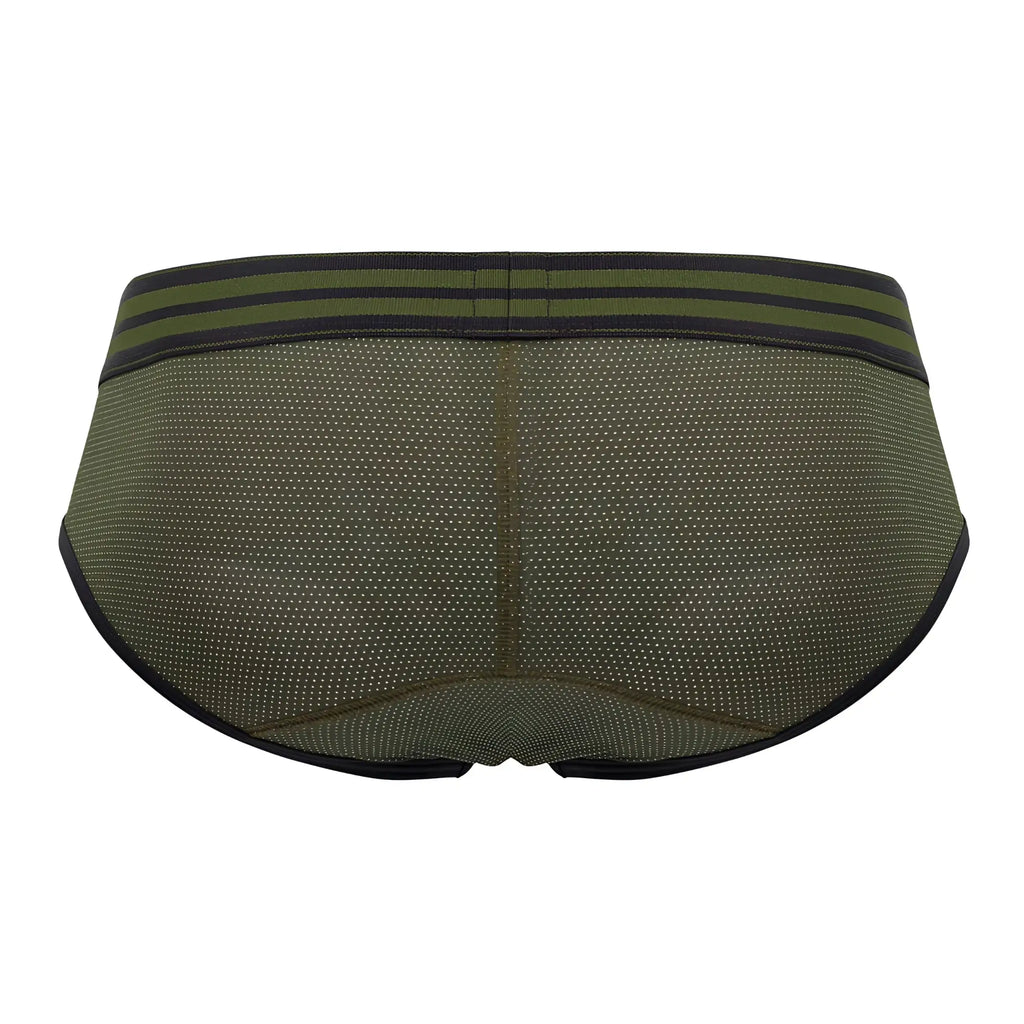 JOR 1944 college briefs in olive green mesh with black trim and two horizontal stripes on the waistband
