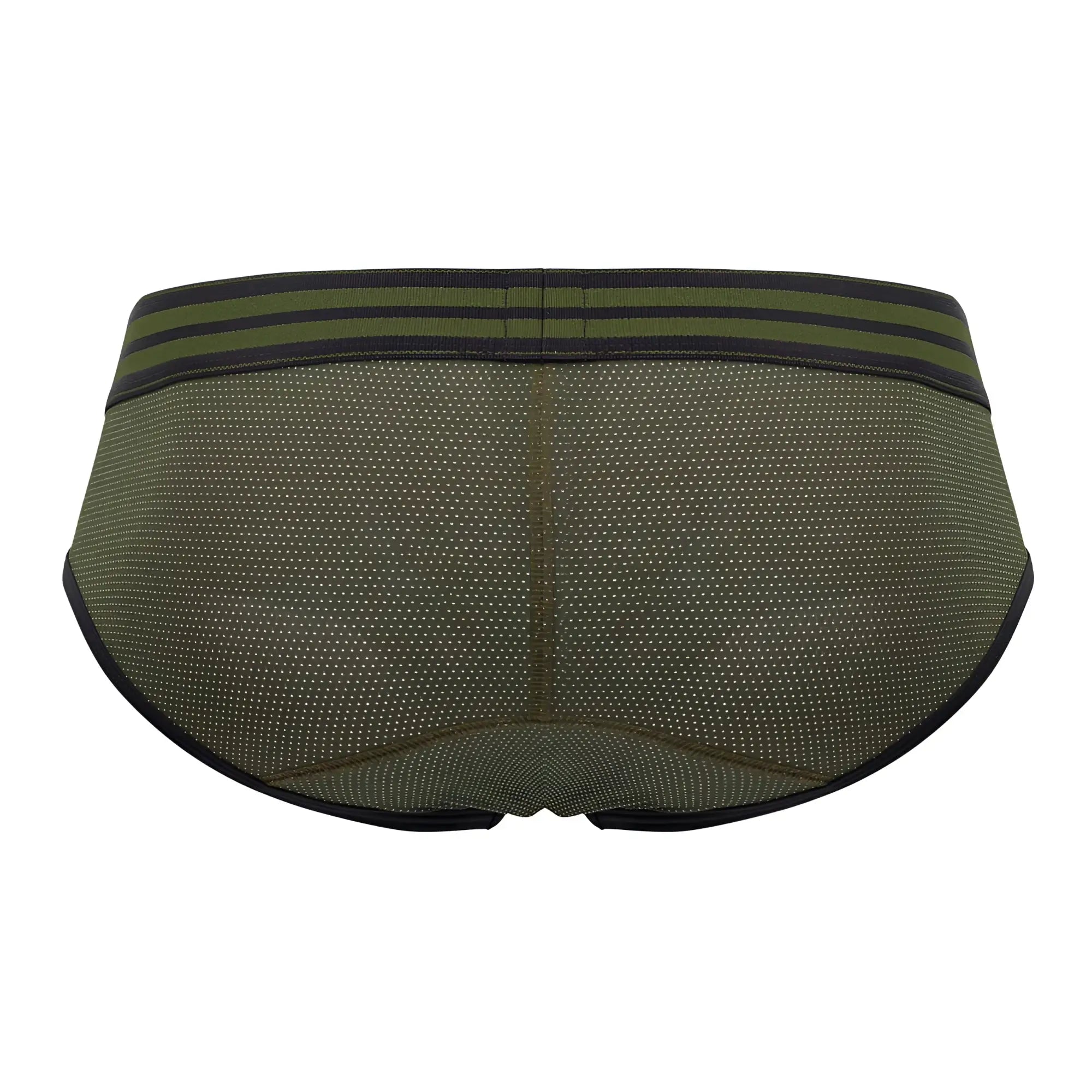 JOR 1944 college briefs in olive green mesh with black trim and two horizontal stripes on the waistband