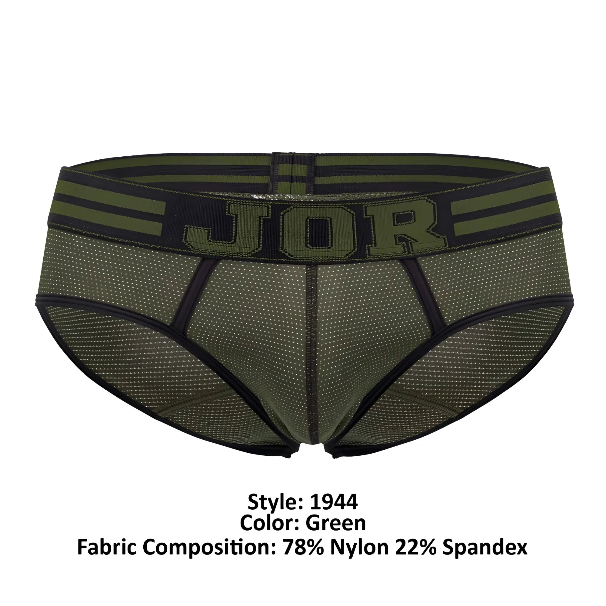 Olive green jor 1944 college briefs with black trim mesh fabric and bold jor logo waistband for comfortable wear
