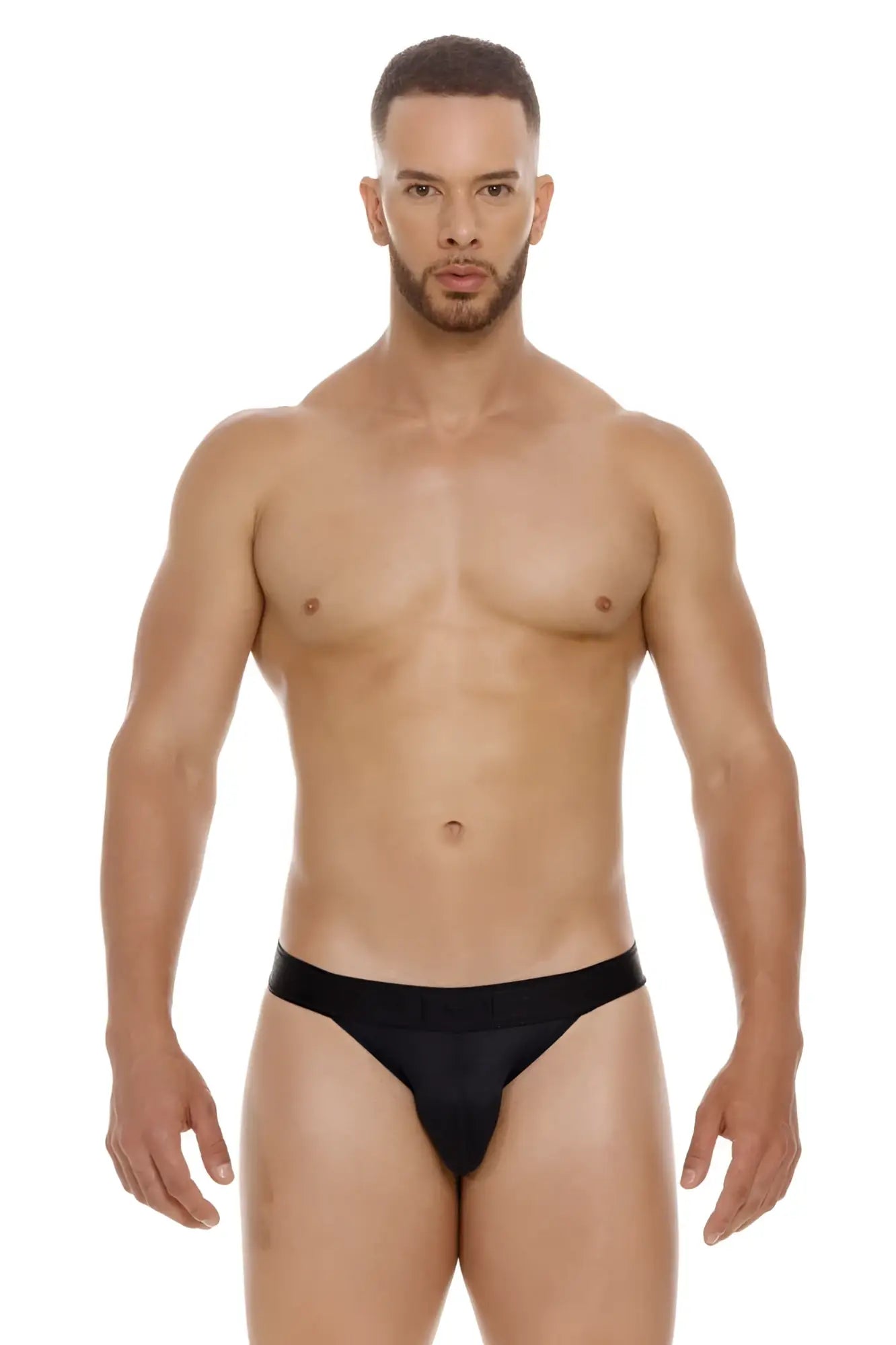 Black sleek form-fitting jor 2050 element thong briefs in black showing front view with smooth material