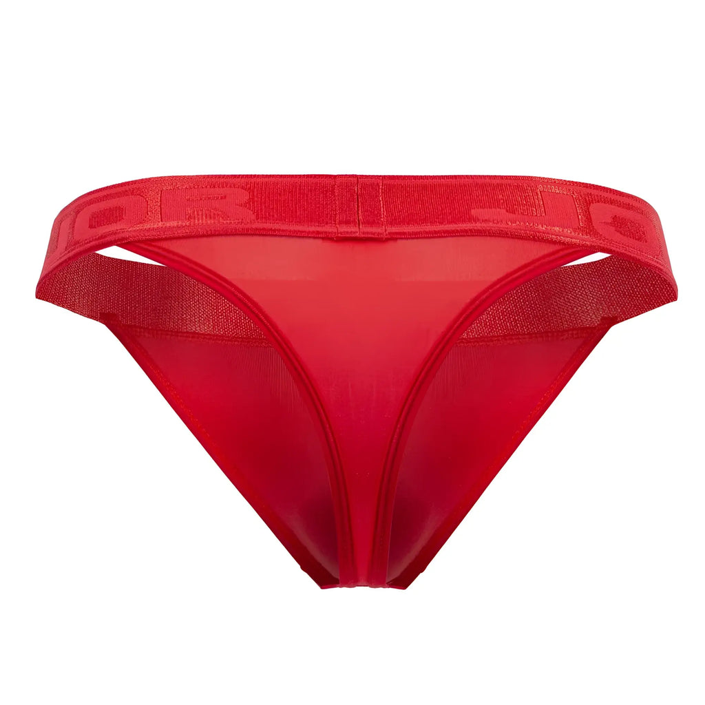 Red sheer mesh thong with wide elastic waistband and embossed jor branding in the color red front view