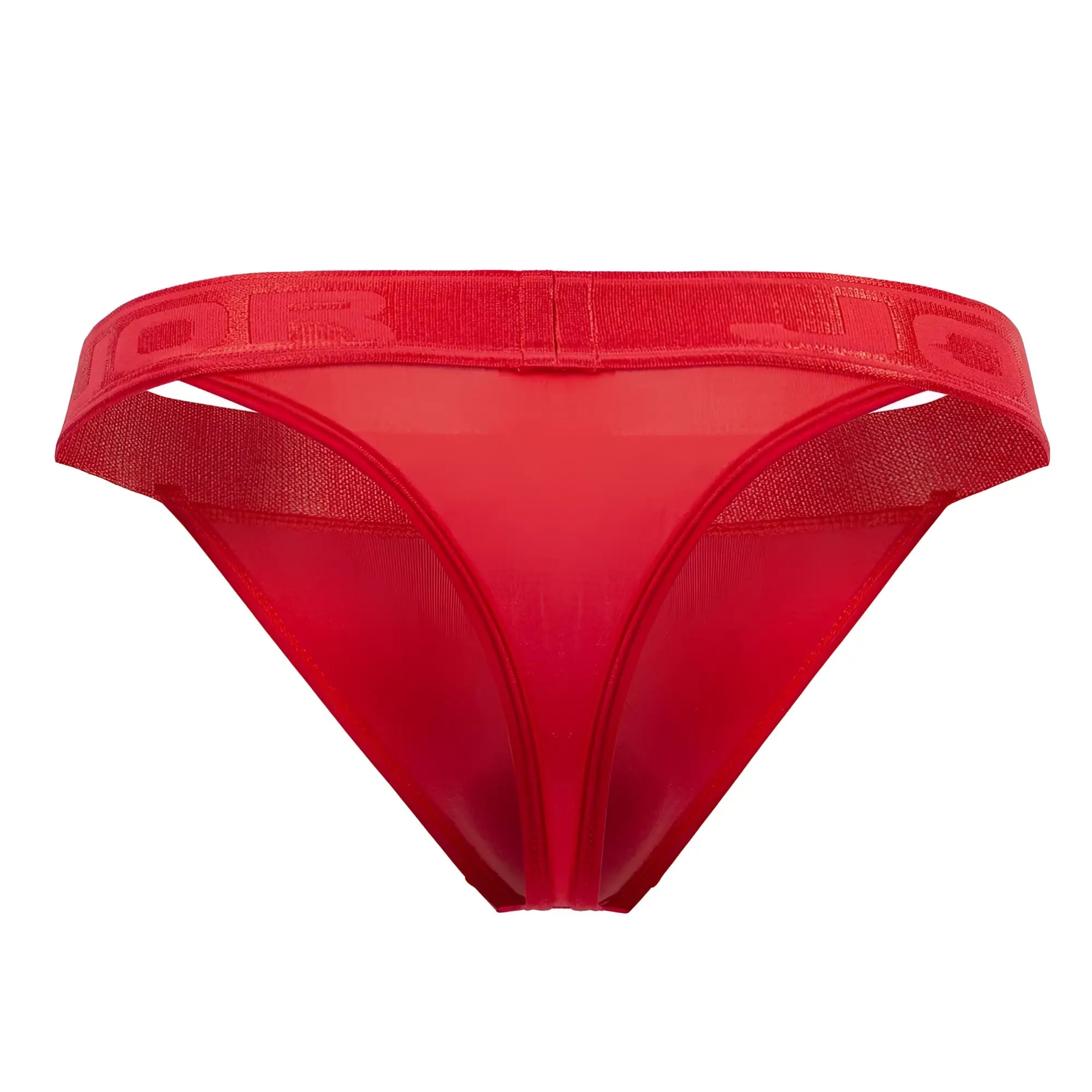 Red sheer mesh thong with wide elastic waistband and embossed jor branding in the color red front view