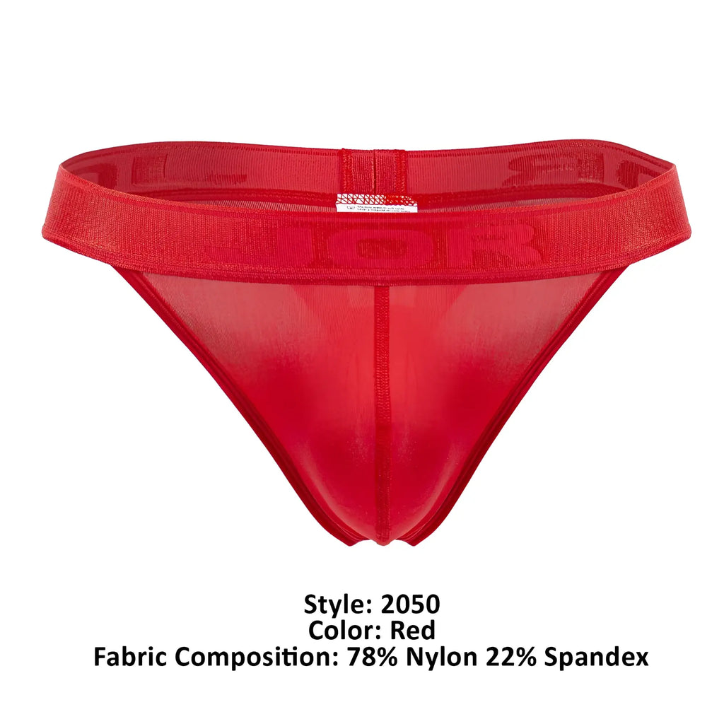 Red sheer nylon and spandex briefs with bold dior logo embroidered on waistband jor 2050 element thongs color red