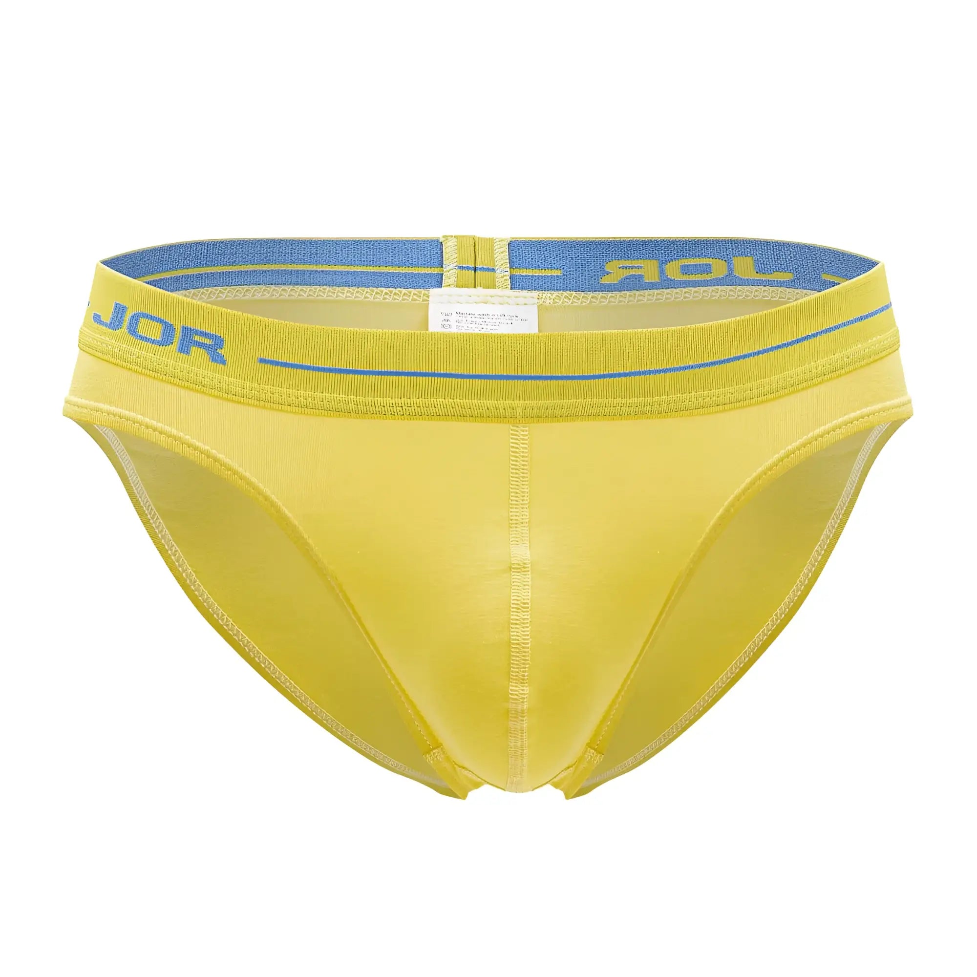 Bright yellow jor 2053 daily bikini briefs with blue elastic waistband featuring jor logo in matching blue lettering