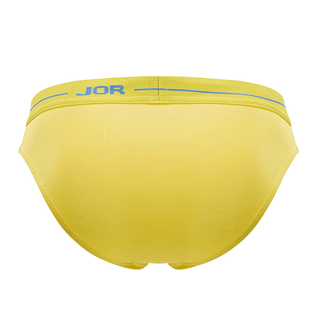 Bright yellow jor 2053 daily bikini briefs with subtle blue trim along the waistband for comfortable daily wear