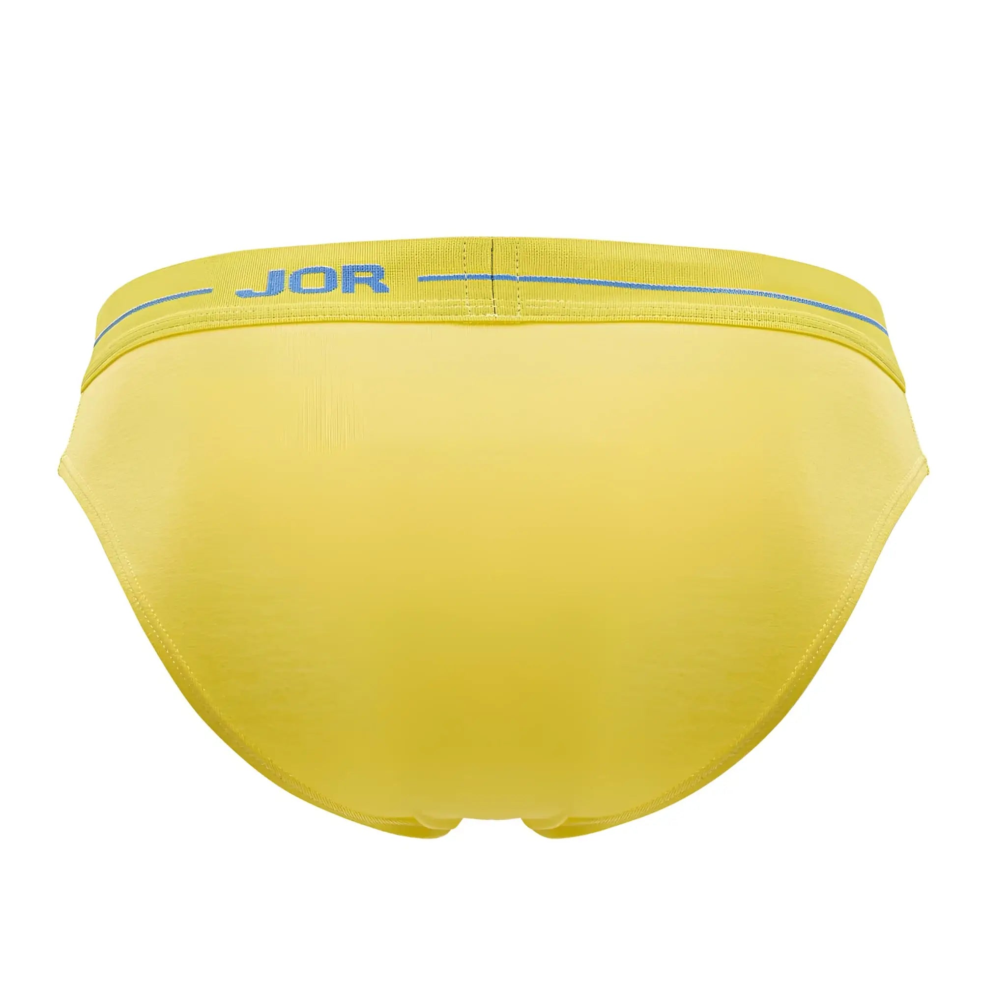 Bright yellow jor 2053 daily bikini briefs with subtle blue trim along the waistband for comfortable daily wear