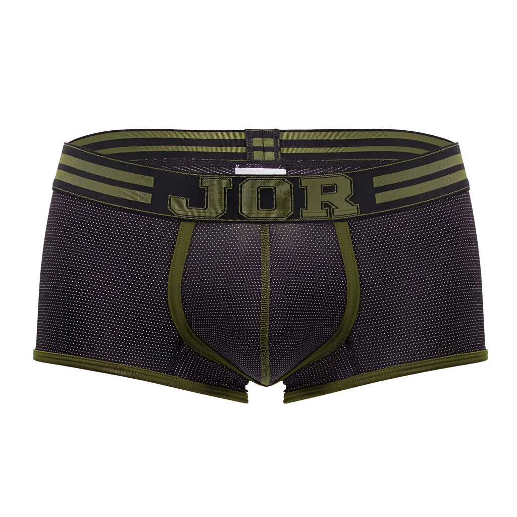 Jor 2056 college trunks black men’s boxer briefs with olive green mesh texture and striped waistband