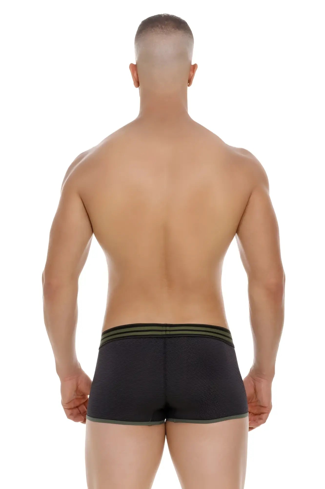 Black jor 2056 college trunks briefs with textured fabric olive green trim and three stripes on waistband