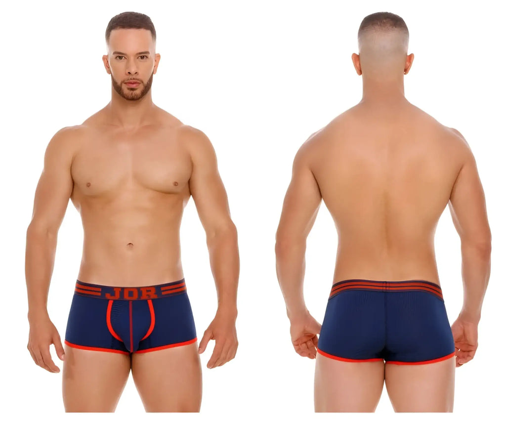 Navy blue and orange JOR 2056 College trunks with textured fabric and bold red trim athletic briefs front view