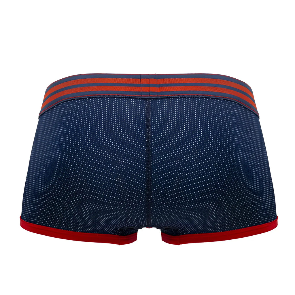 Navy blue jor 2056 college trunks briefs with red trim and subtle white dot pattern on fabric front view